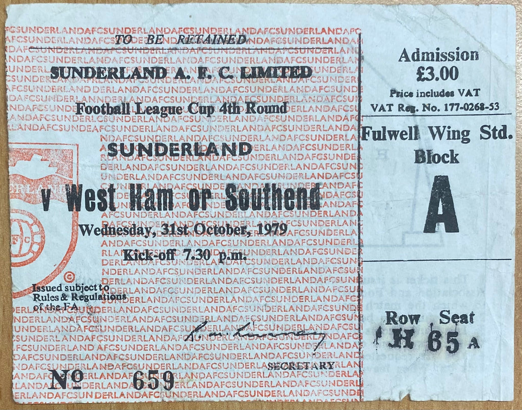 1979/80 ORIGINAL LEAGUE CUP 4TH ROUND TICKET SUNDERLAND V WEST HAM UNITED