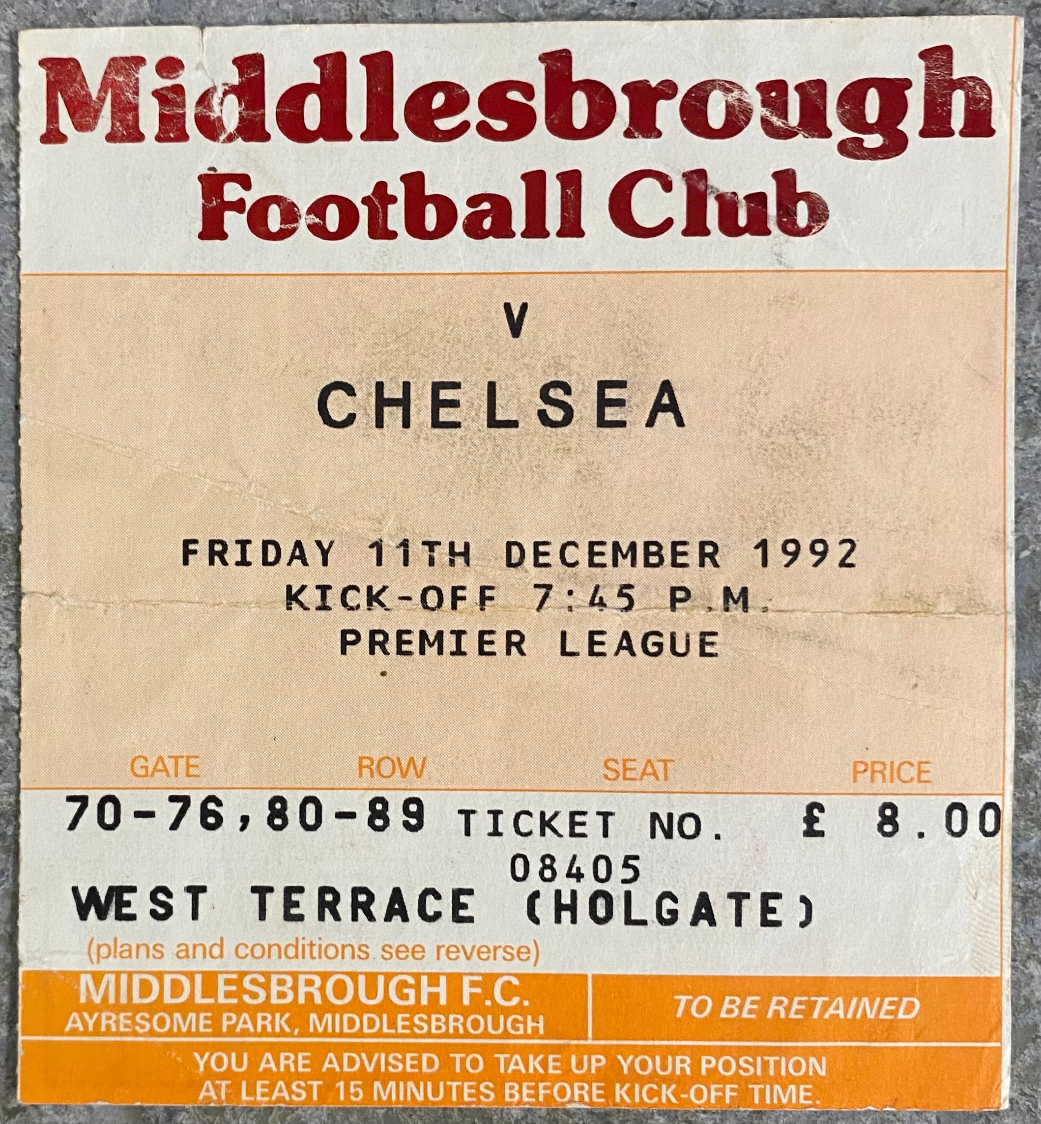 1992/93 ORIGINAL PREMIER LEAGUE TICKET MIDDLESBROUGH V CHELSEA