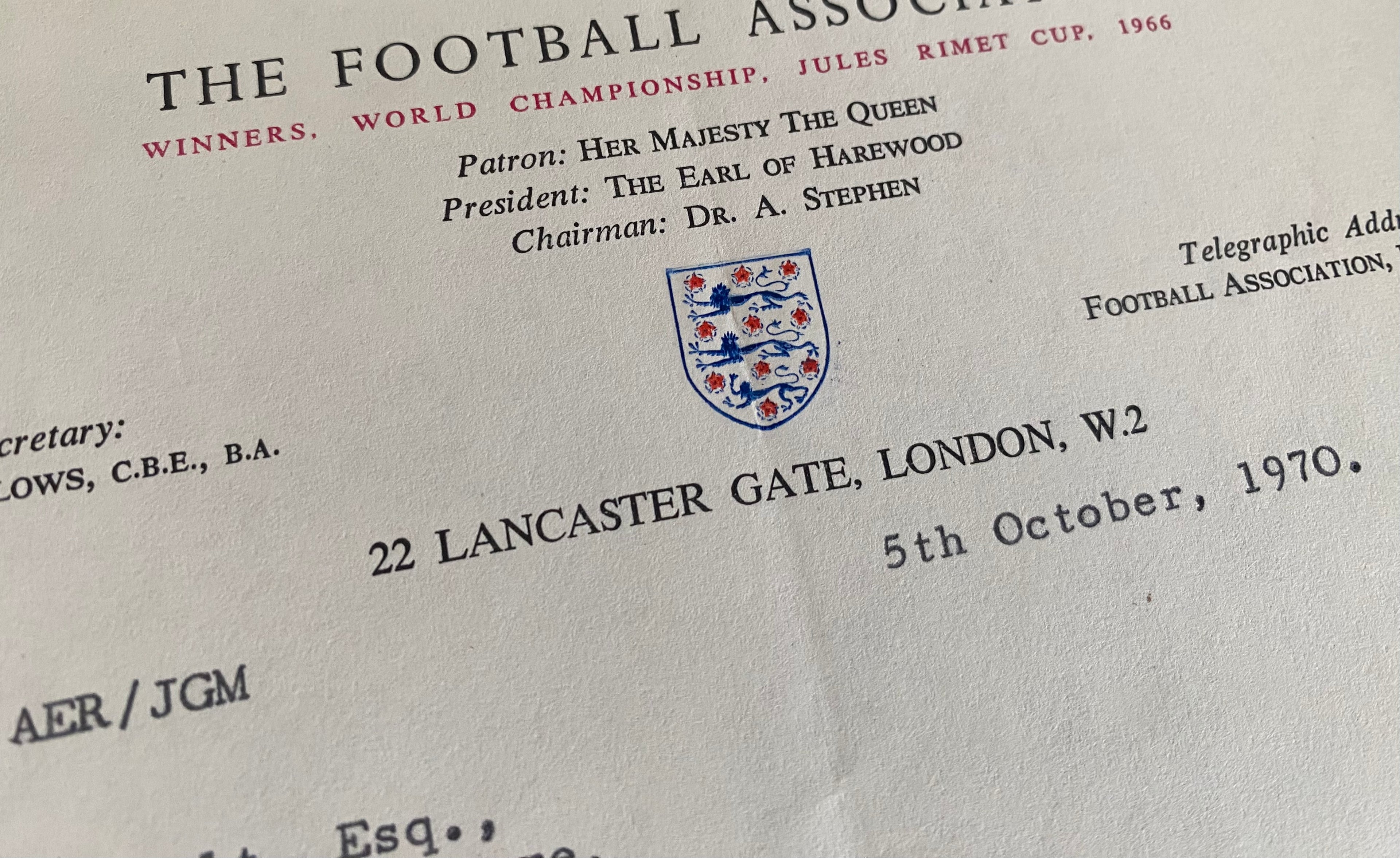 1970 ORIGINAL OFFICIAL FOOTBALL ASSOCIATION LETTER SIGNED BY SIR ALF RAMSEY