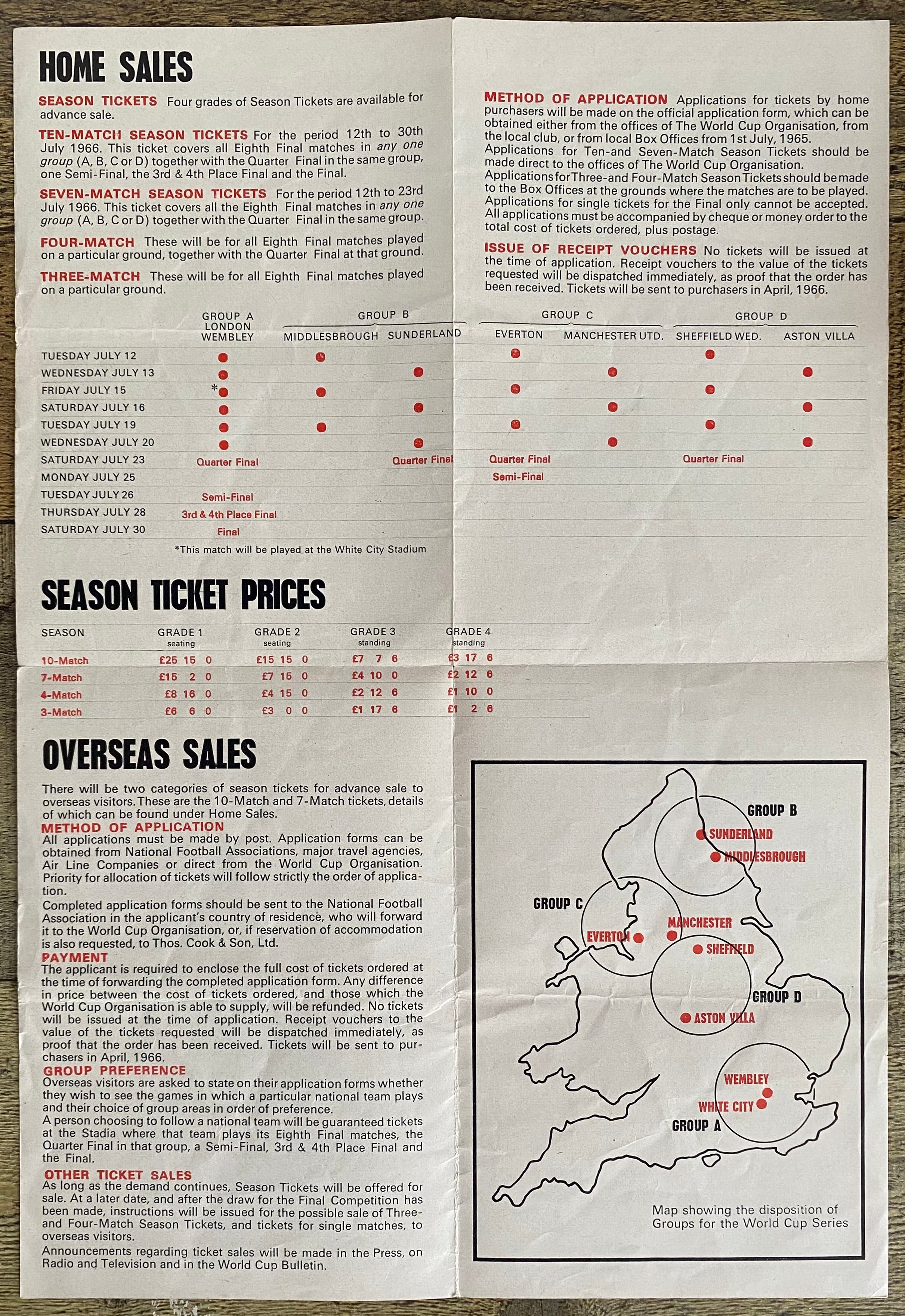 1966 WORLD CUP ORIGINAL OFFICIAL TICKET INFORMATION FOLD OUT BOOKLET