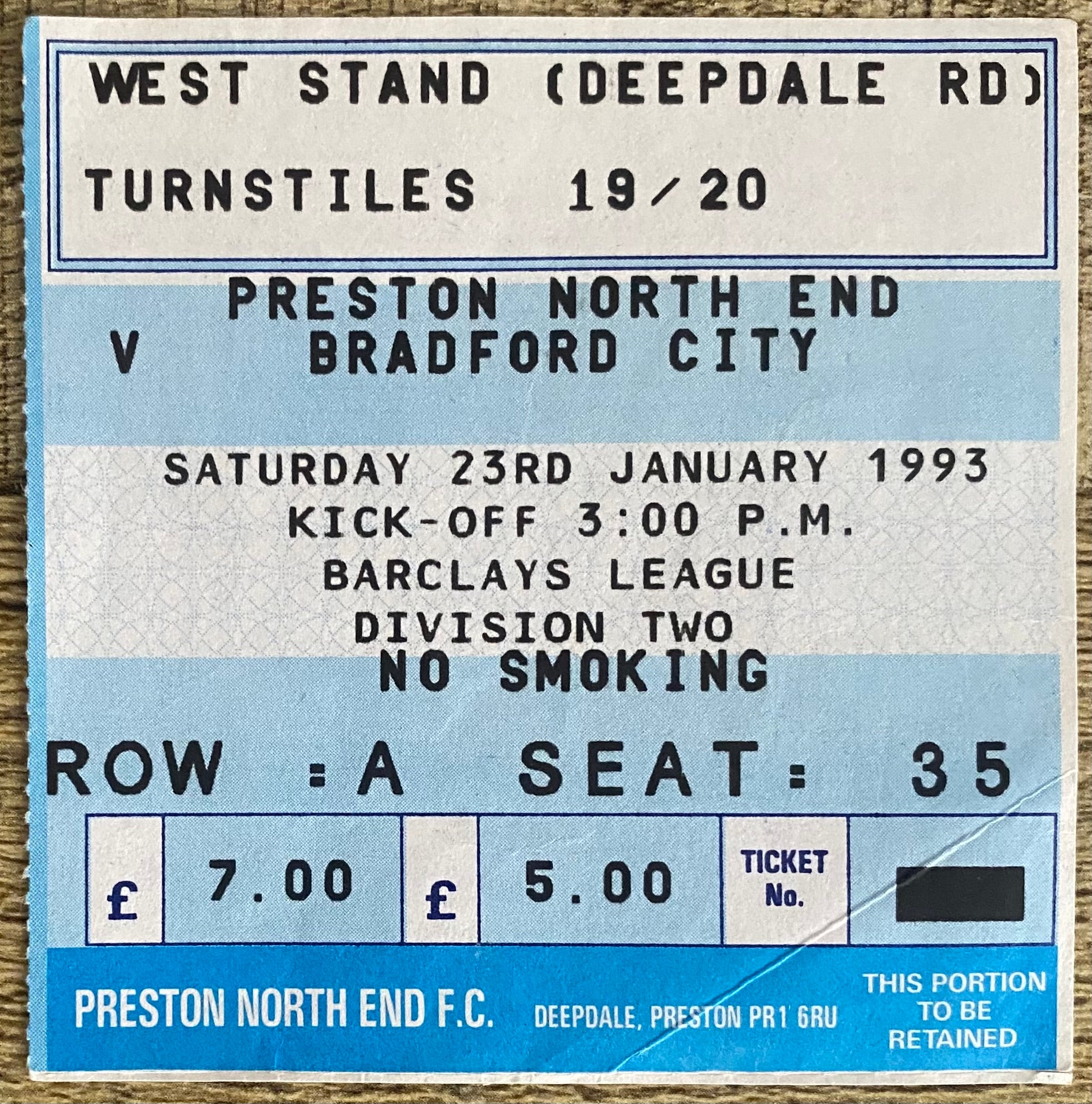 1992/93 ORIGINAL DIVISION 2 TICKET PRESTON NORTH END V BRADFORD CITY