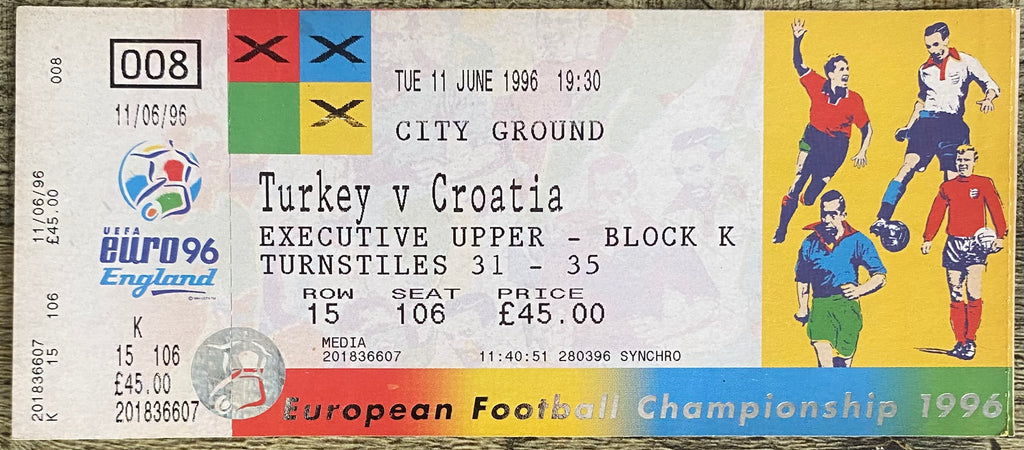 1996 ORIGINAL EUROPEAN CHAMPIONSHIPS EURO 96 UNUSED TICKET TURKEY V CROATIA @ CITY GROUND