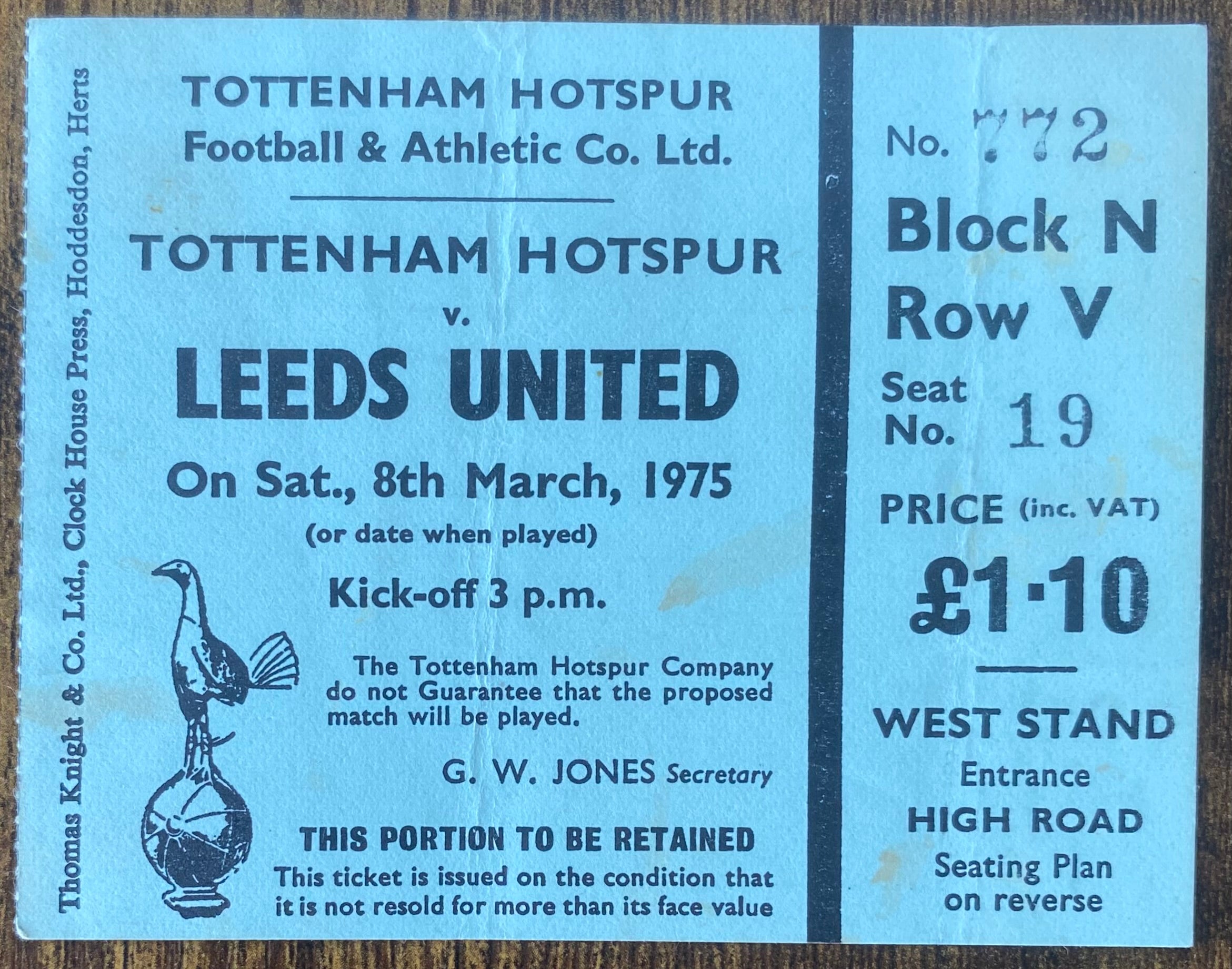 1974/75 ORIGINAL DIVISION ONE TICKET TOTTENHAM HOTSPUR V LEEDS UNITED