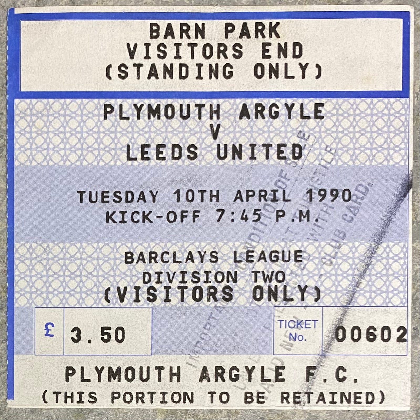 1989/90 ORIGINAL DIVISION TWO TICKET PLYMOUTH ARGYLE V LEEDS UNITED