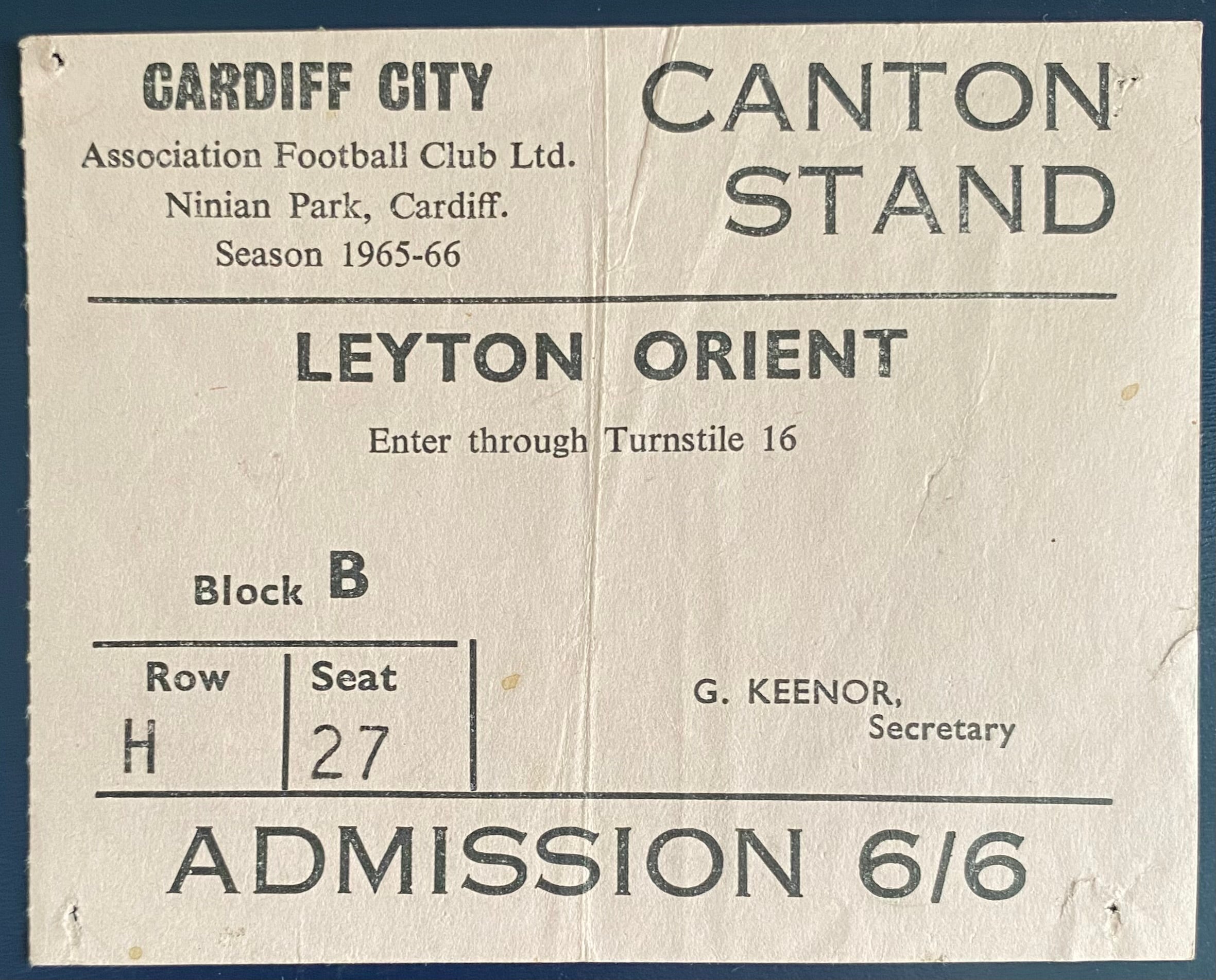 1965/66 ORIGINAL DIVISION 2 TICKET CARDIFF CITY V LEYTON ORIENT