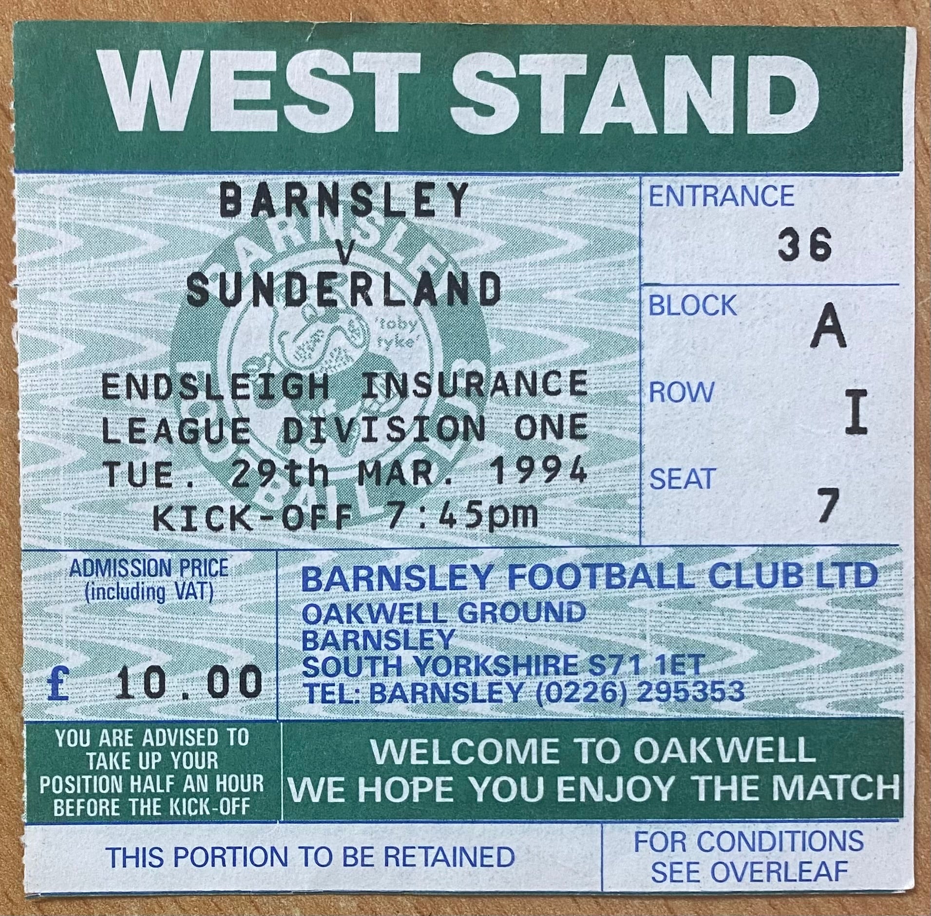 1993/94 ORIGINAL DIVISION 1 TICKET BARNSLEY V SUNDERLAND