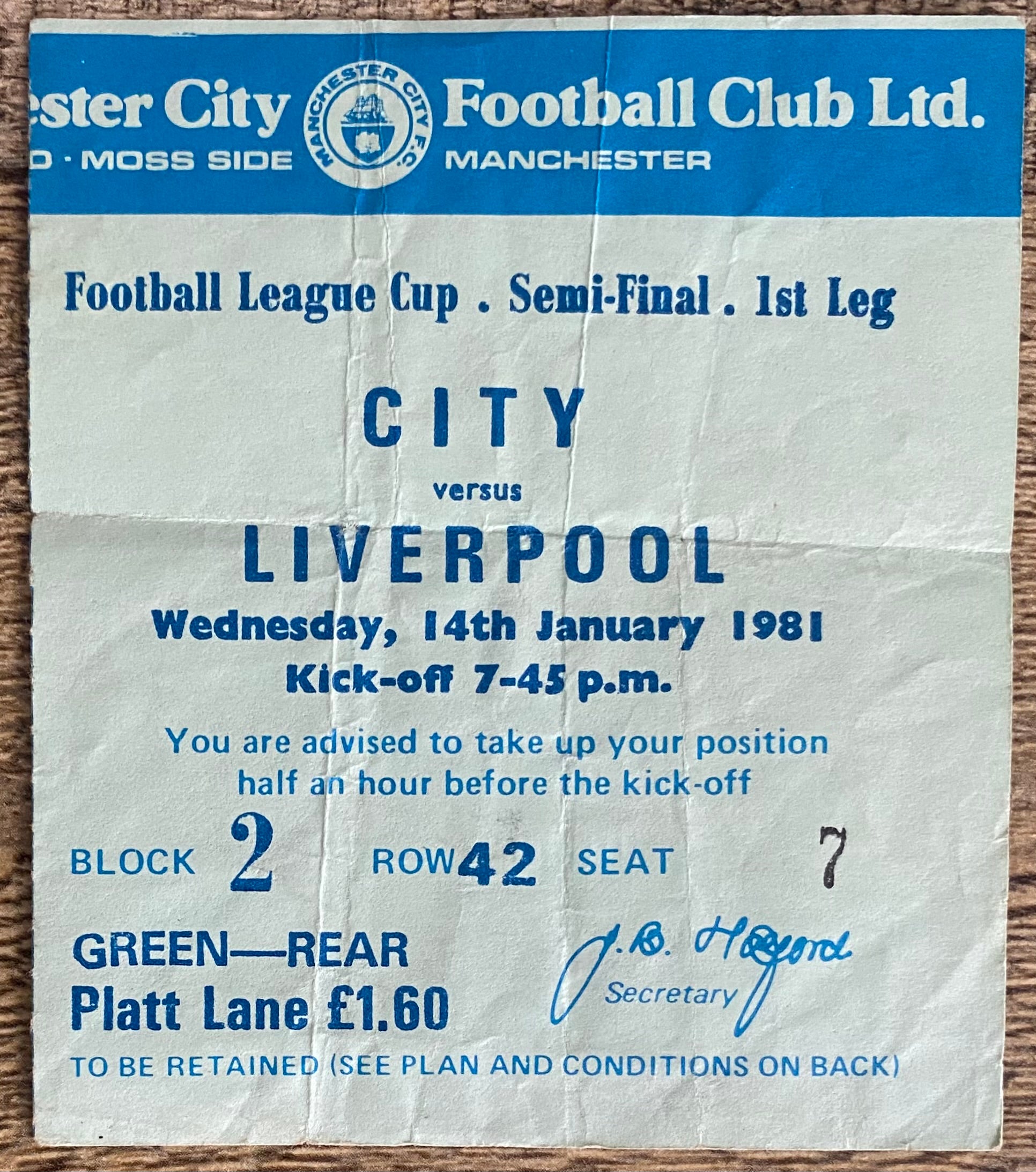 1980/81 ORIGINAL LEAGUE CUP SEMI FINAL 1ST LEG TICKET MANCHESTER CITY V LIVERPOOL