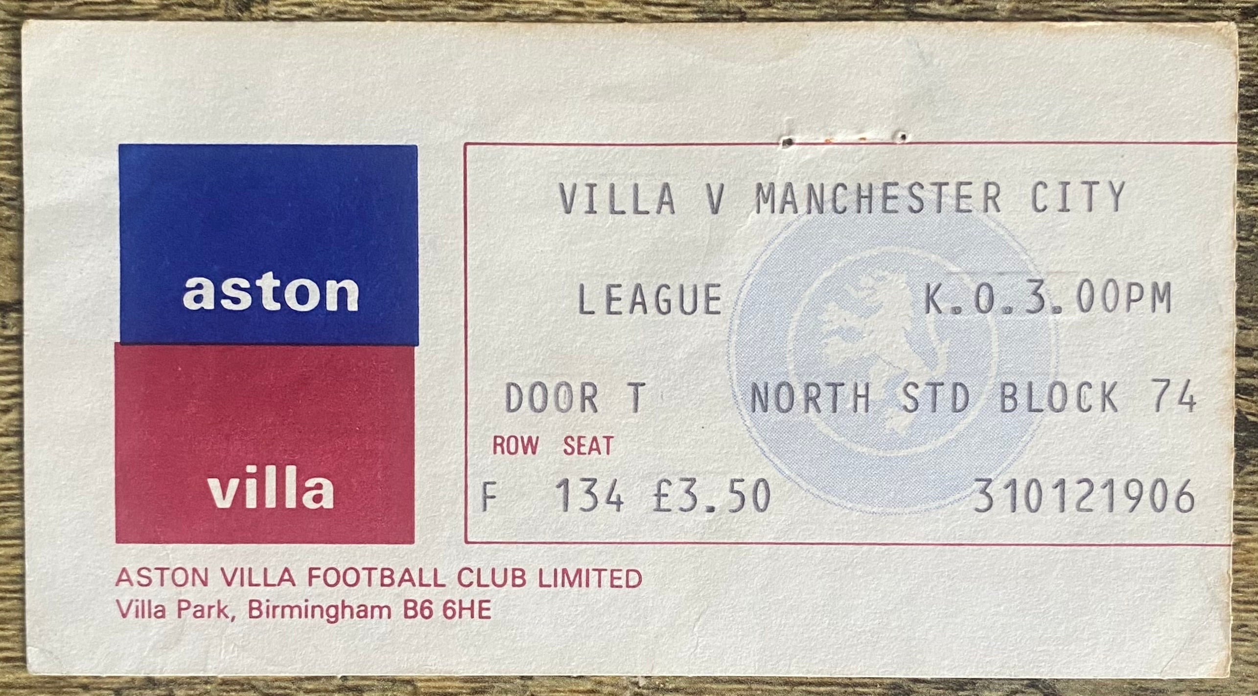 1980/81 ORIGINAL DIVISION 1 TICKET ASTON VILLA V MANCHESTER CITY