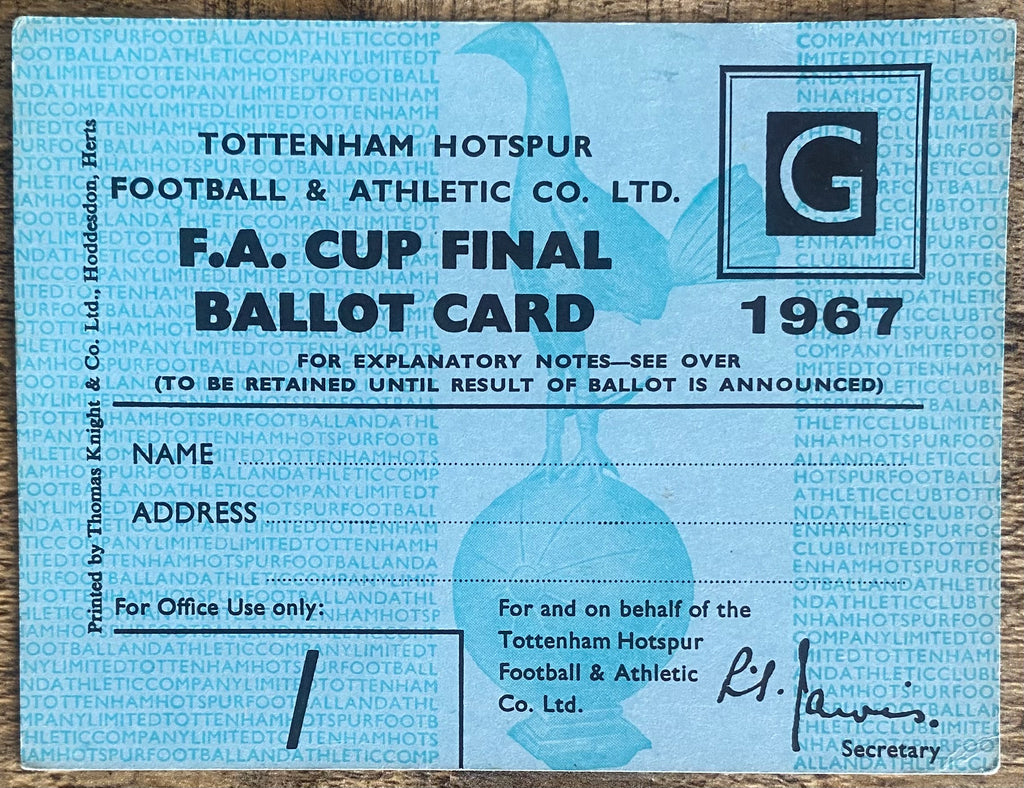 1967 ORIGINAL FA CUP FINAL TICKET TOTTENHAM HOTSPUR BALLOT CARD