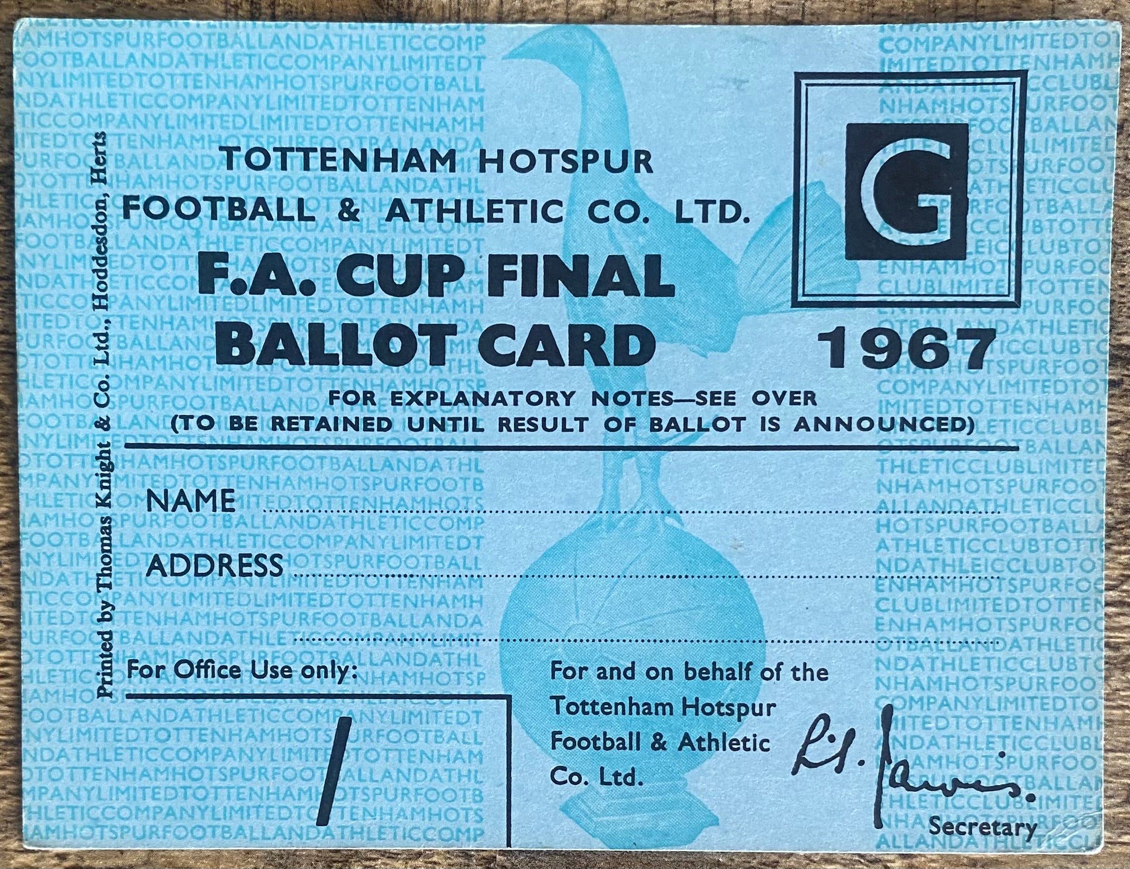 1967 ORIGINAL FA CUP FINAL TICKET TOTTENHAM HOTSPUR BALLOT CARD