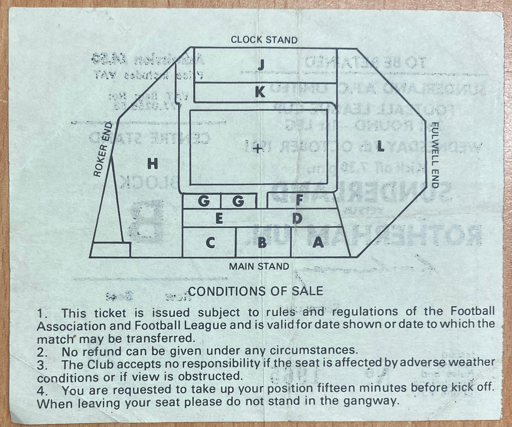 1981/82 ORIGINAL LEAGUE CUP 2ND ROUND 1ST LEG TICKET SUNDERLAND V ROTHERHAM UNITED