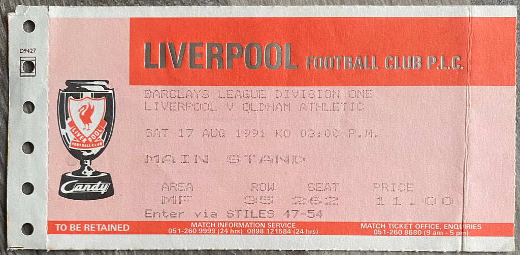 1991/92 ORIGINAL DIVISION 1 TICKET LIVERPOOL V OLDHAM ATHLETIC