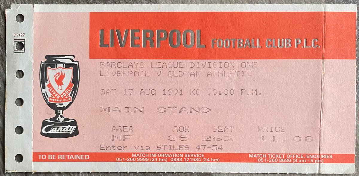 1991/92 ORIGINAL DIVISION 1 TICKET LIVERPOOL V OLDHAM ATHLETIC