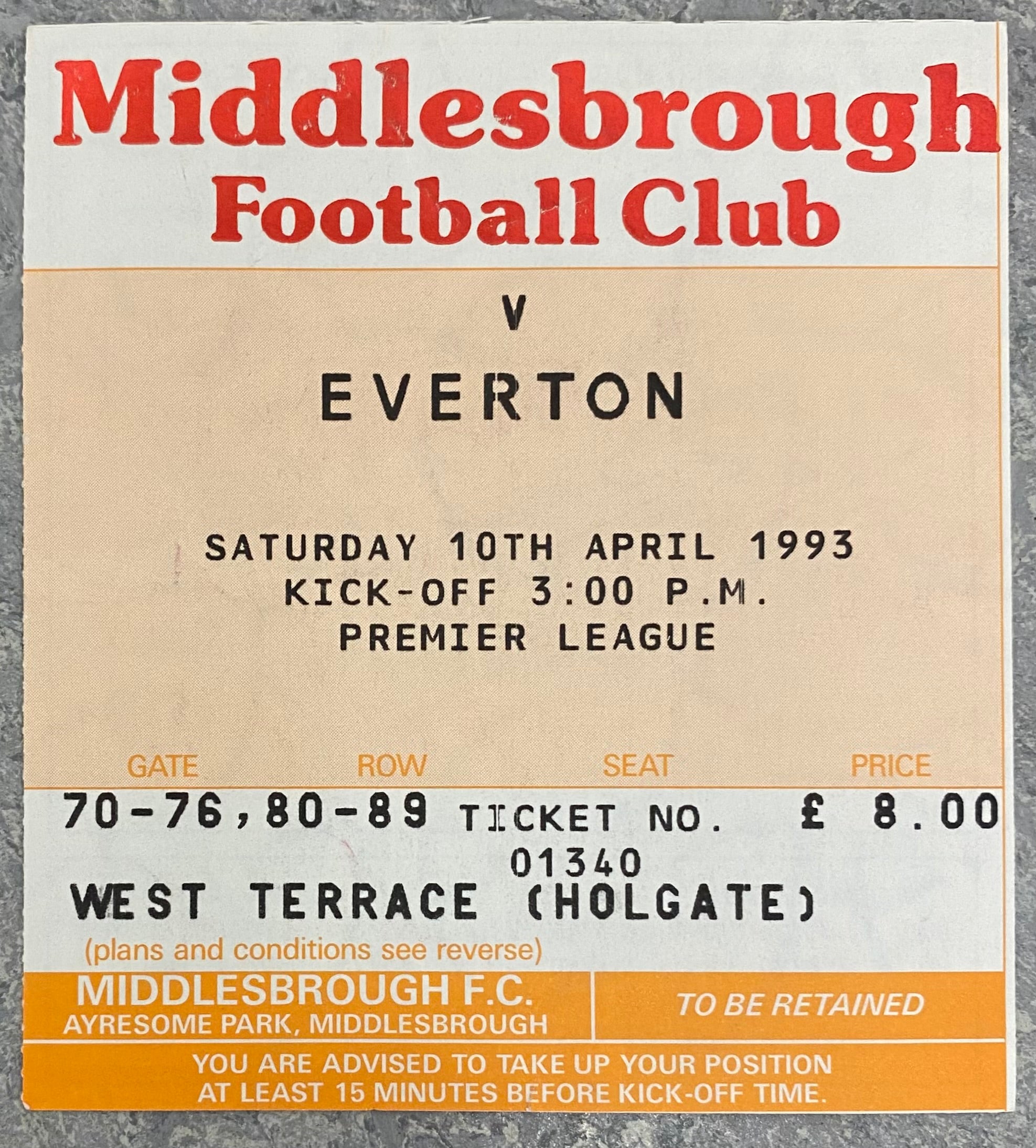 1992/93 ORIGINAL PREMIER LEAGUE TICKET MIDDLESBROUGH V EVERTON