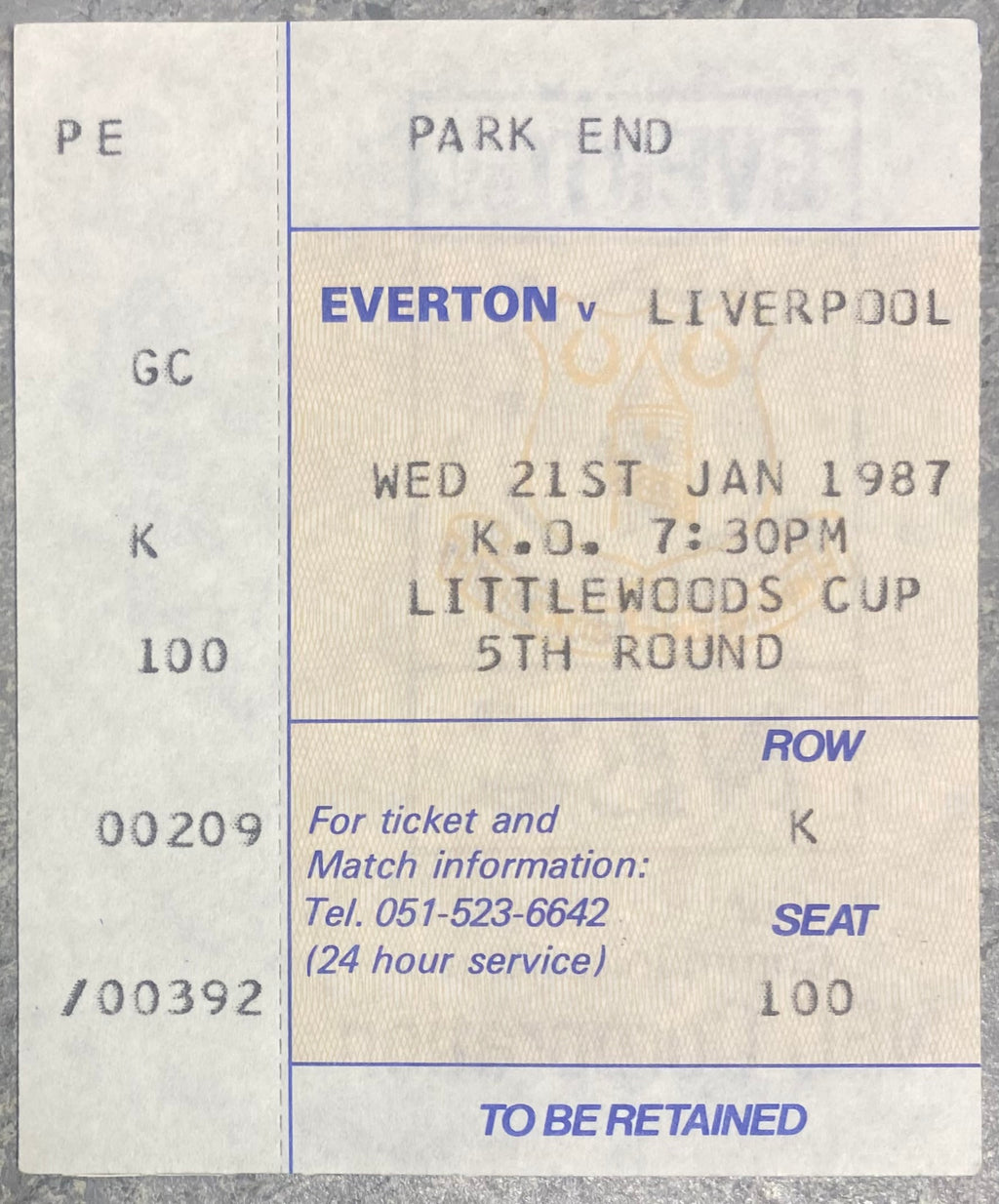 1986/87 ORIGINAL LITTLEWOODS CUP 5TH ROUND TICKET EVERTON V LIVERPOOL