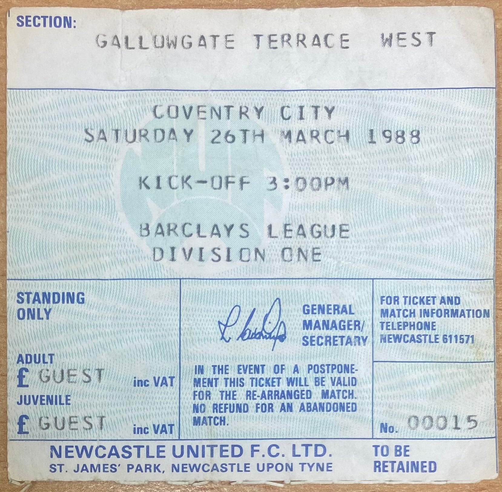 1987/88 ORIGINAL DIVISION 1 TICKET NEWCASTLE UNITED V COVENTRY CITY