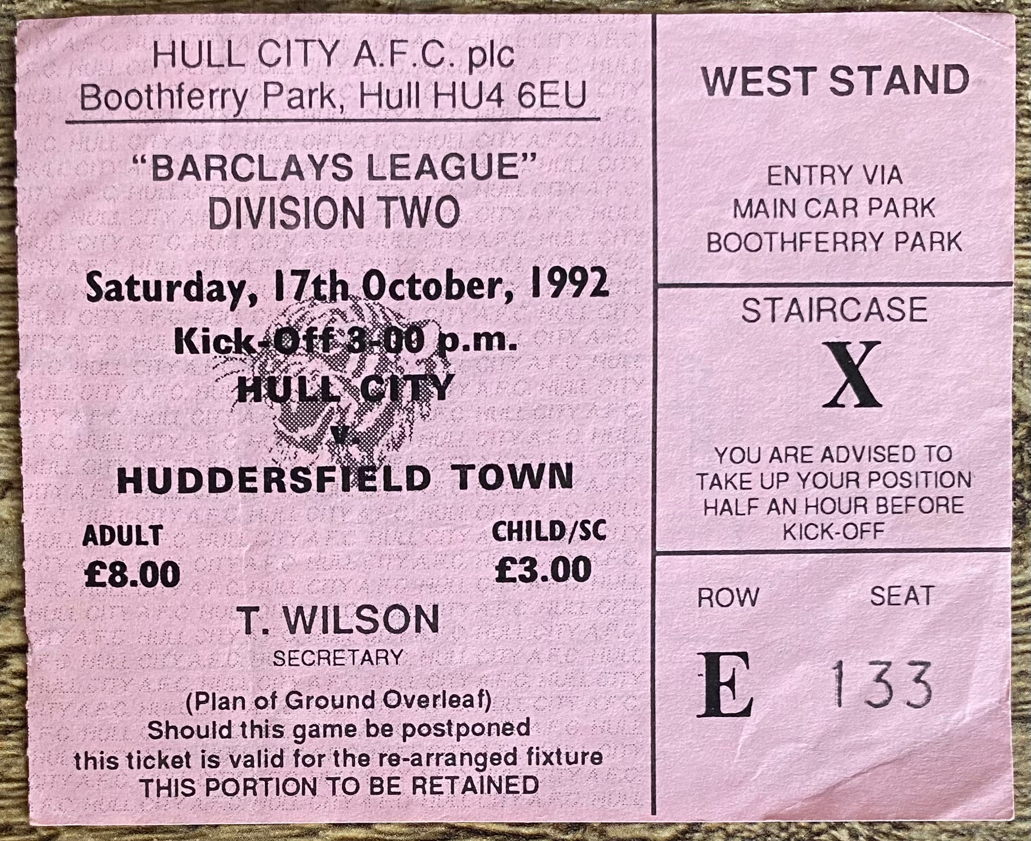1992/93 ORIGINAL DIVISION 2 TICKET HULL CITY V HUDDERSFIELD TOWN