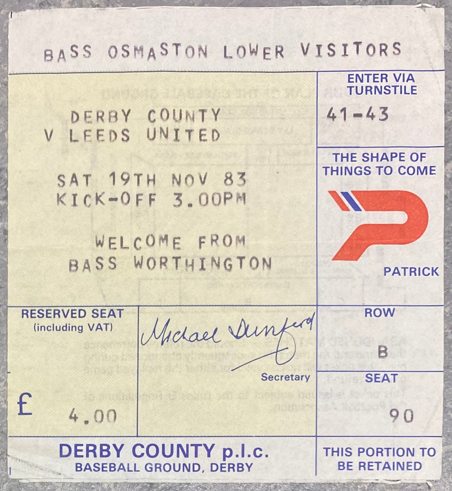 1983/84 ORIGINAL DIVISION TWO TICKET DERBY COUNTY V LEEDS UNITED
