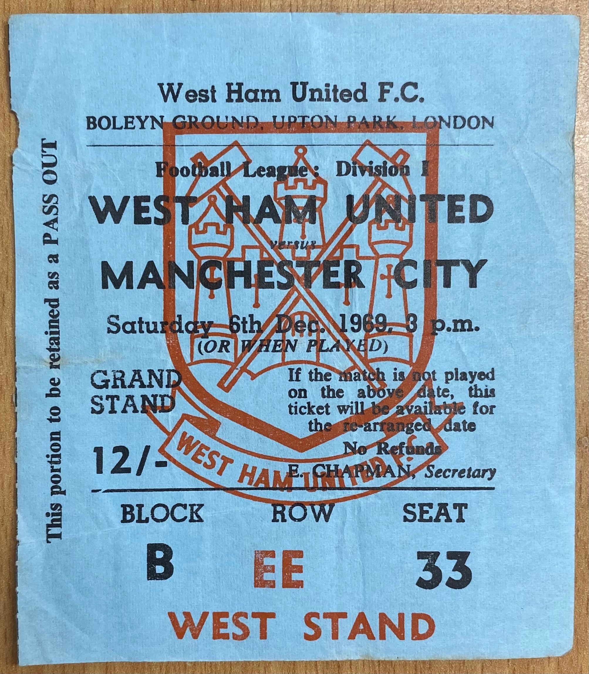 1969/70 ORIGINAL DIVISION 1 TICKET WEST HAM UNITED V MANCHESTER CITY