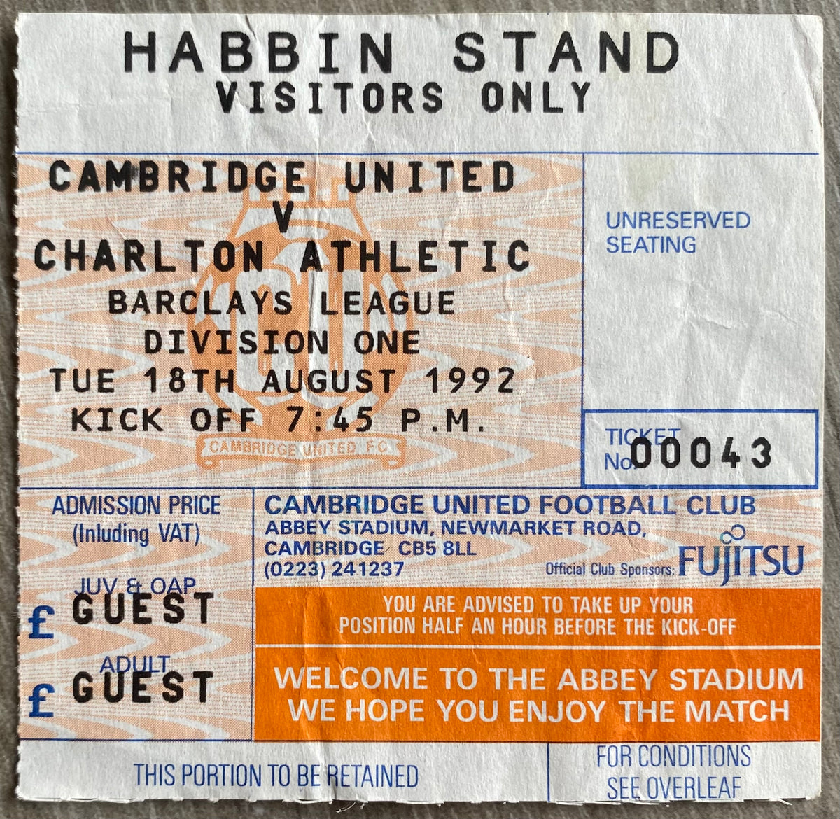 1992/93 ORIGINAL DIVISION 1 TICKET CAMBRIDGE UNITED V CHARLTON ATHLETIC