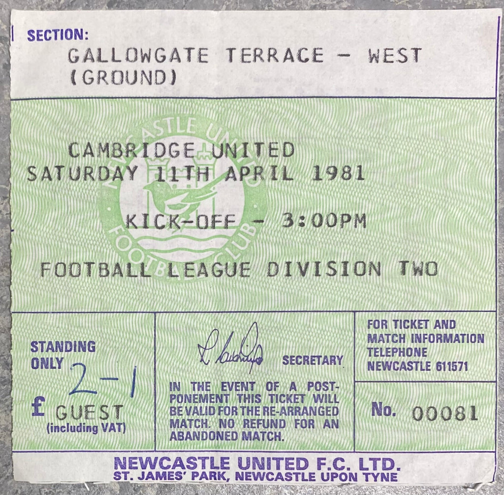 1980/81 ORIGINAL DIVISION TWO TICKET NEWCASTLE UNITED V CAMBRIDGE UNITED