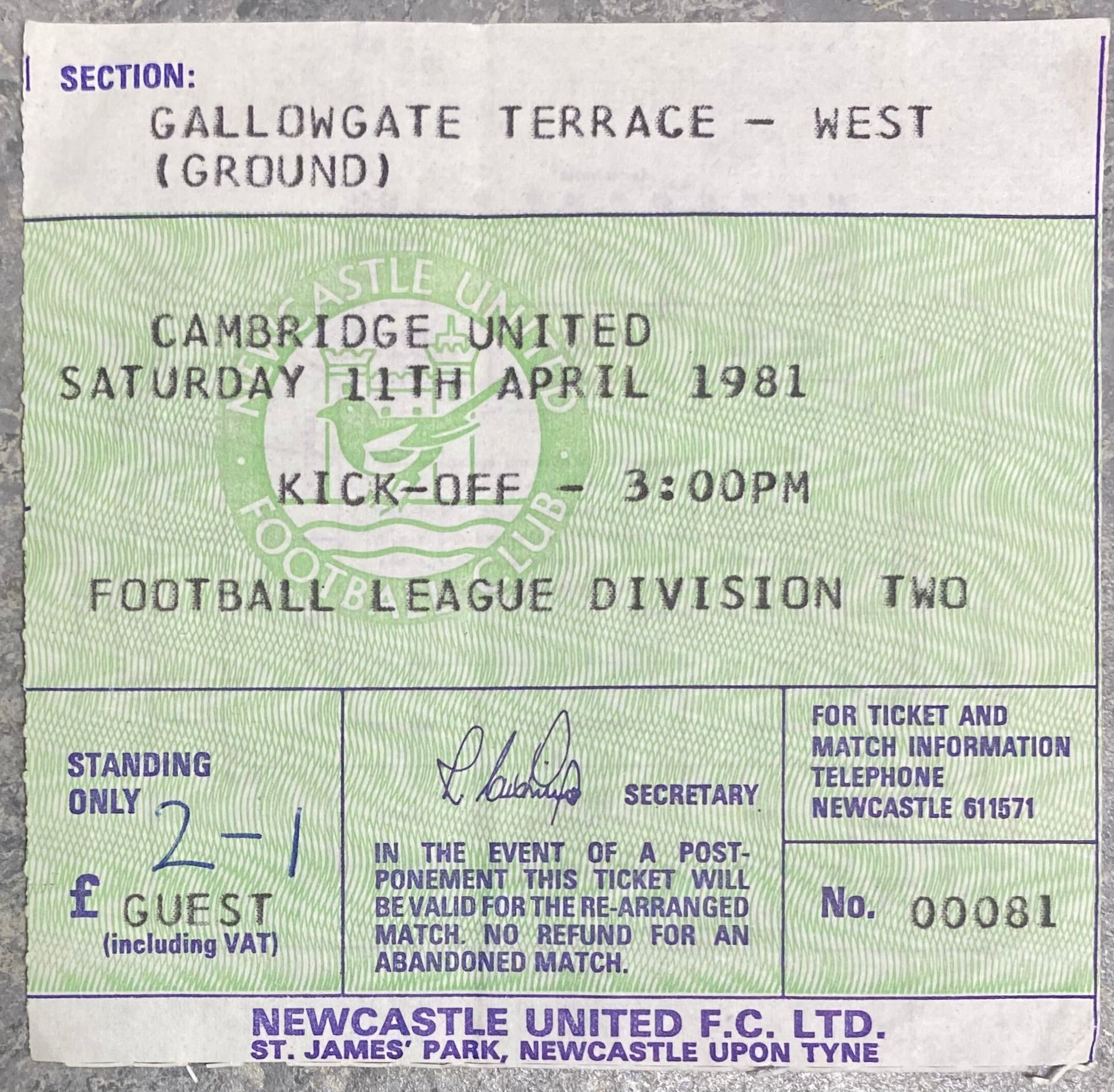 1980/81 ORIGINAL DIVISION TWO TICKET NEWCASTLE UNITED V CAMBRIDGE UNITED