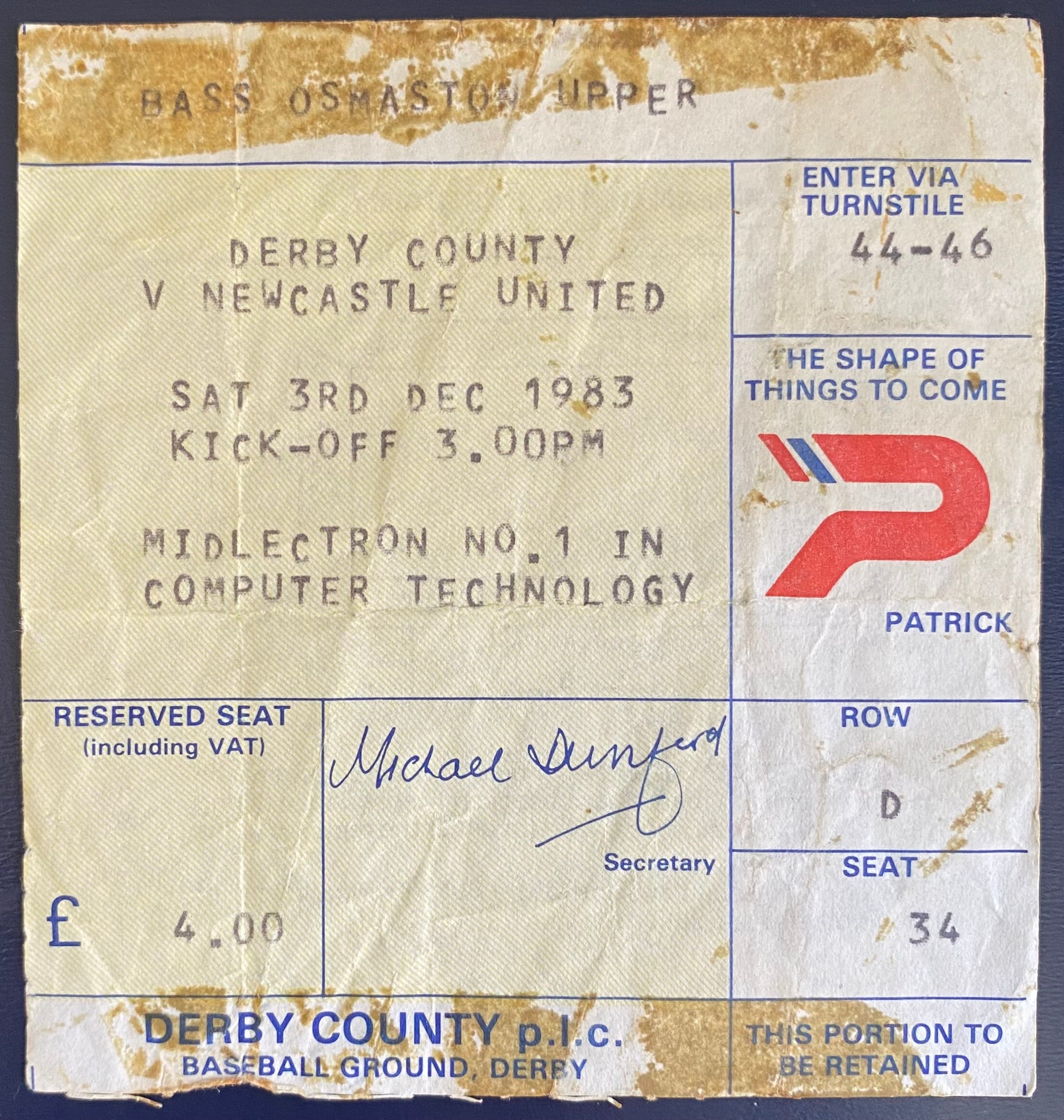 1983/84 ORIGINAL DIVISION 2 TICKET DERBY COUNTY V NEWCASTLE UNITED