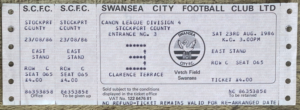 1986/87 ORIGINAL DIVISION 4 UNUSED TICKET SWANSEA CITY V STOCKPORT COUNTY