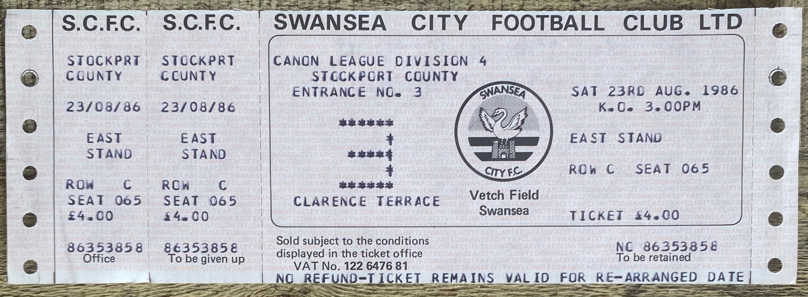 1986/87 ORIGINAL DIVISION 4 UNUSED TICKET SWANSEA CITY V STOCKPORT COUNTY