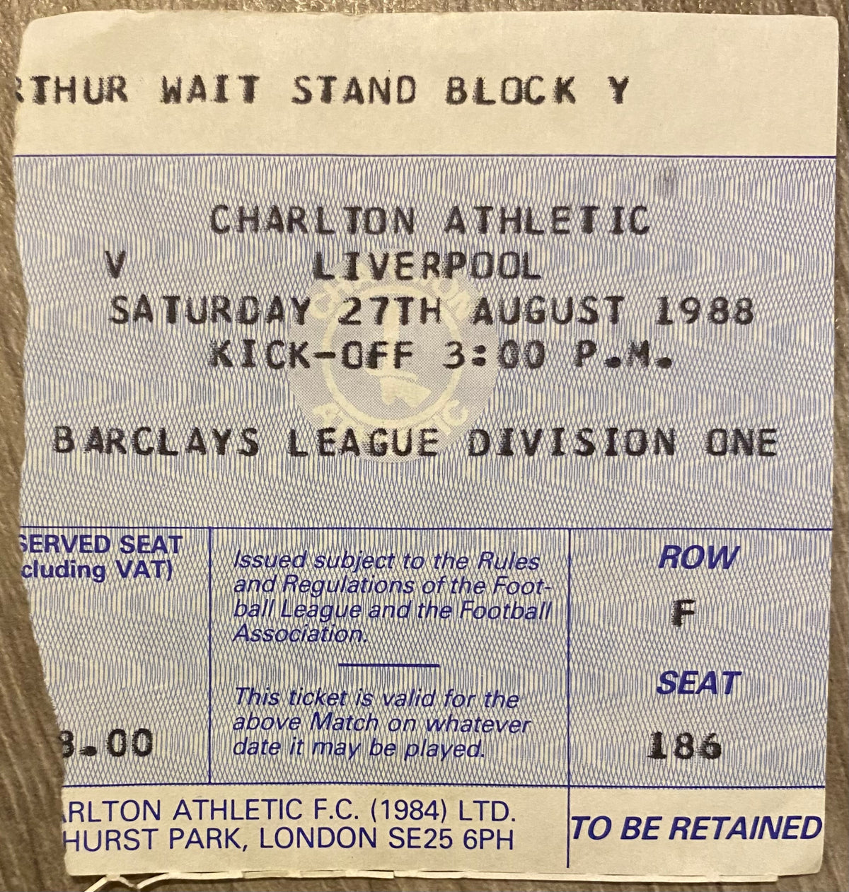 1988/89 ORIGINAL DIVISION ONE TICKET CHARLTON ATHLETIC  V LIVERPOOL