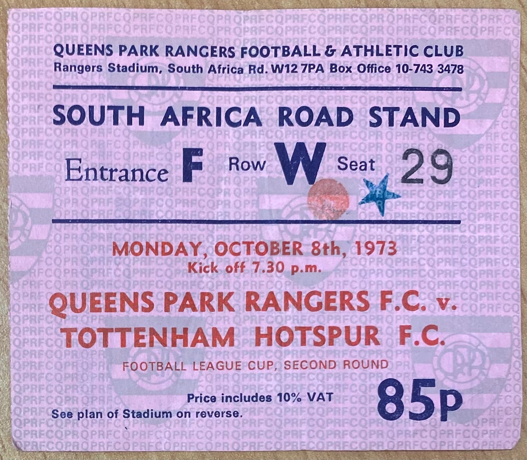 1973/74 ORIGINAL LEAGUE CUP 2ND ROUND TICKET QUEENS PARK RANGERS V TOTTENHAM HOTSPUR