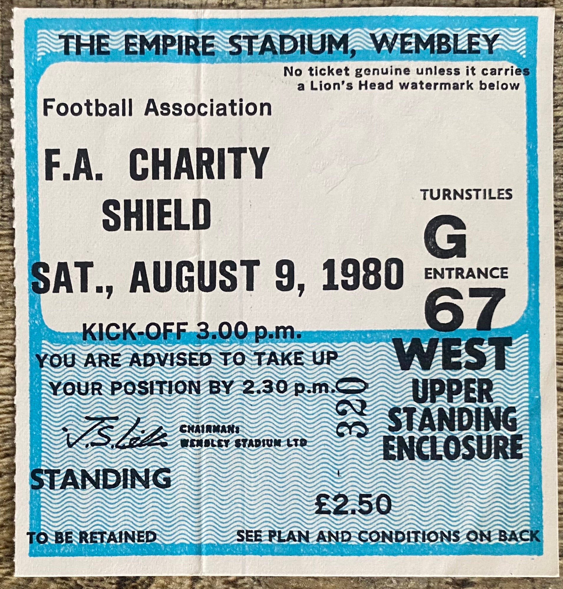 1980 ORIGINAL CHARITY SHIELD TICKET LIVERPOOL V WEST HAM UNITED