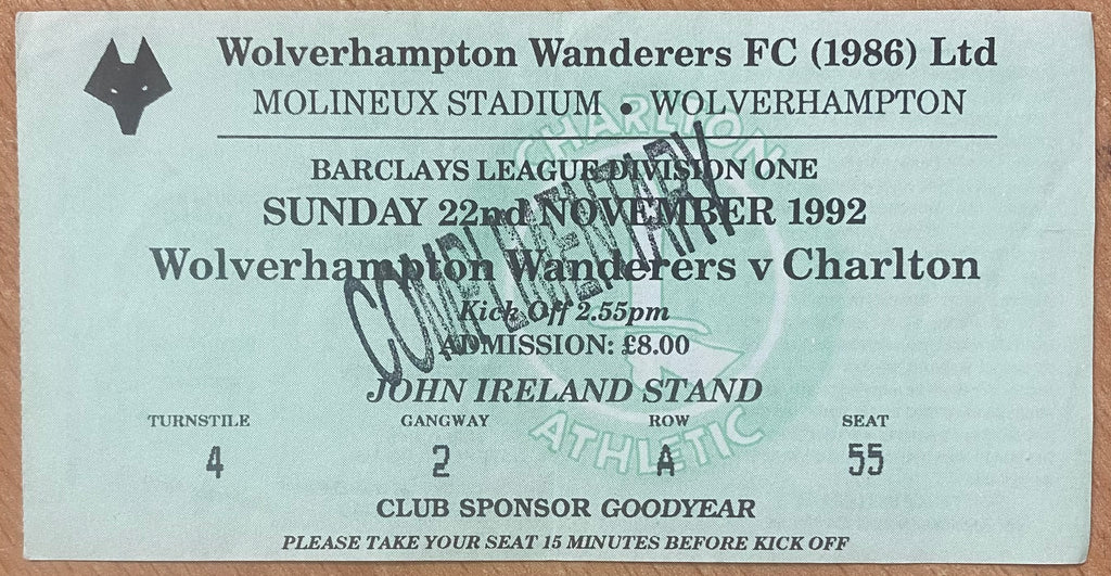 1992/93 ORIGINAL DIVISION 1 TICKET WOLVERHAMPTON WANDERERS V CHARLTON ATHLETIC