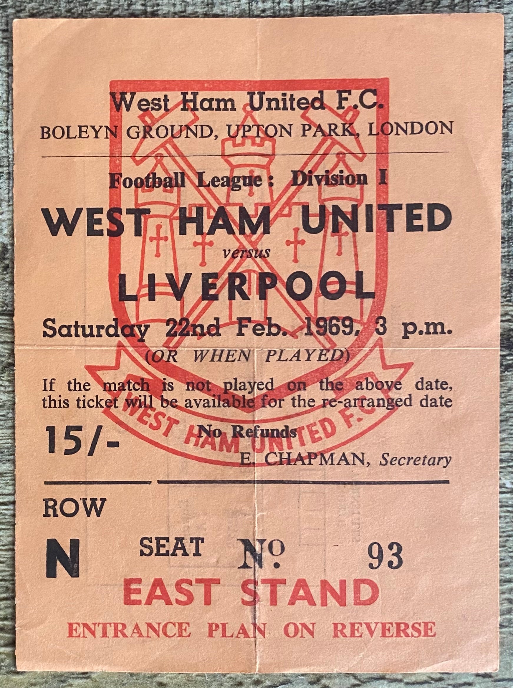 1968/69 ORIGINAL DIVISION 1 TICKET WEST HAM UNITED V LIVERPOOL