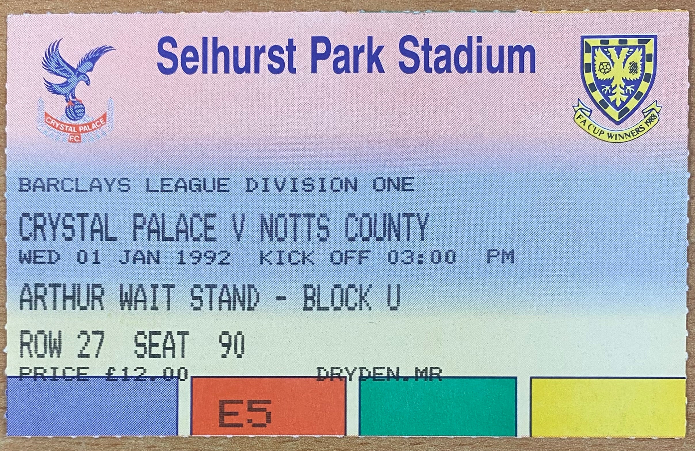 1991/92 ORIGINAL DIVISION 1 TICKET CRYSTAL PALACE V NOTTS COUNTY