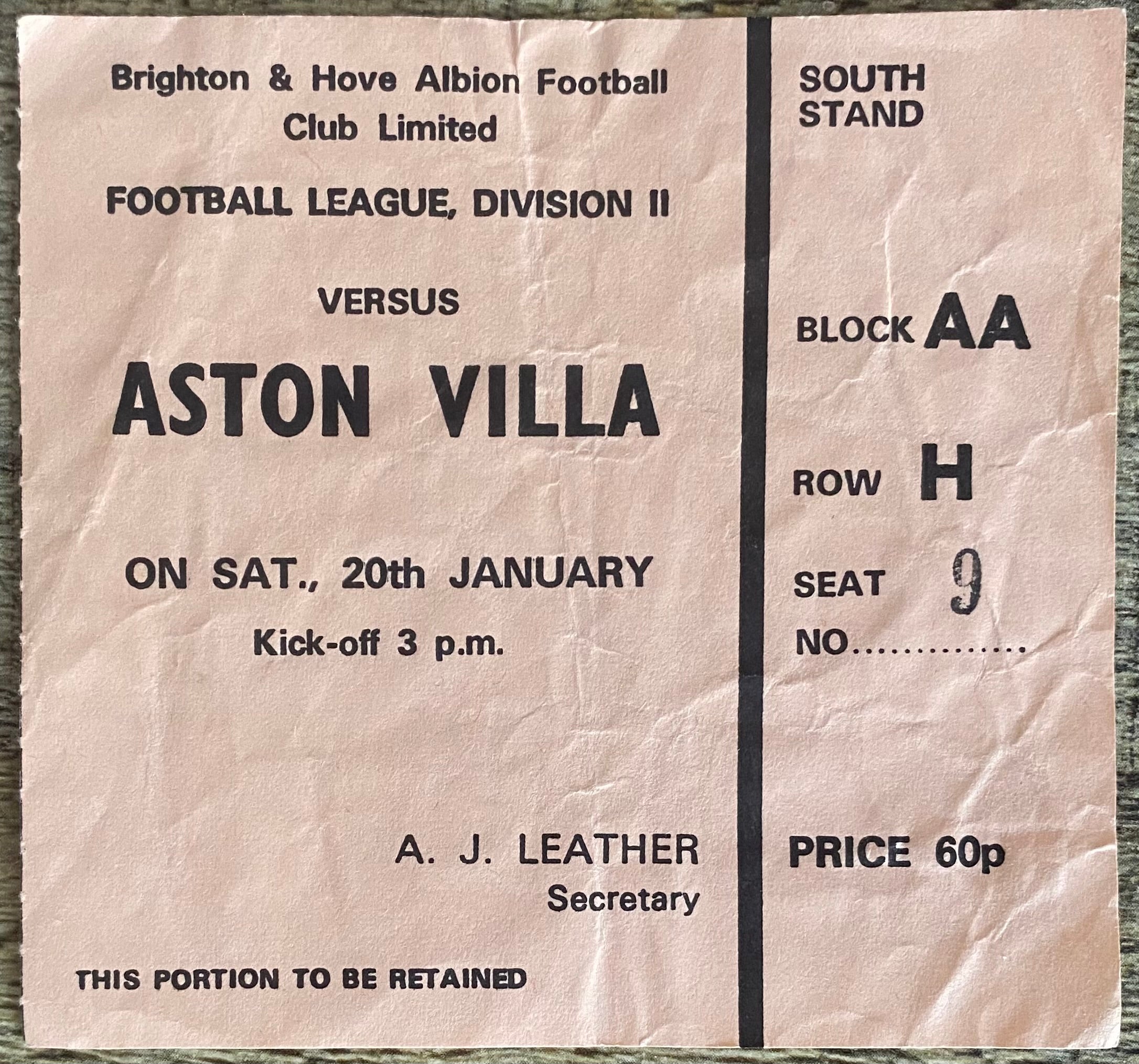 1972/73 ORIGINAL DIVISION 2 TICKET BRIGHTON AND HOVE ALBION V ASTON VILLA
