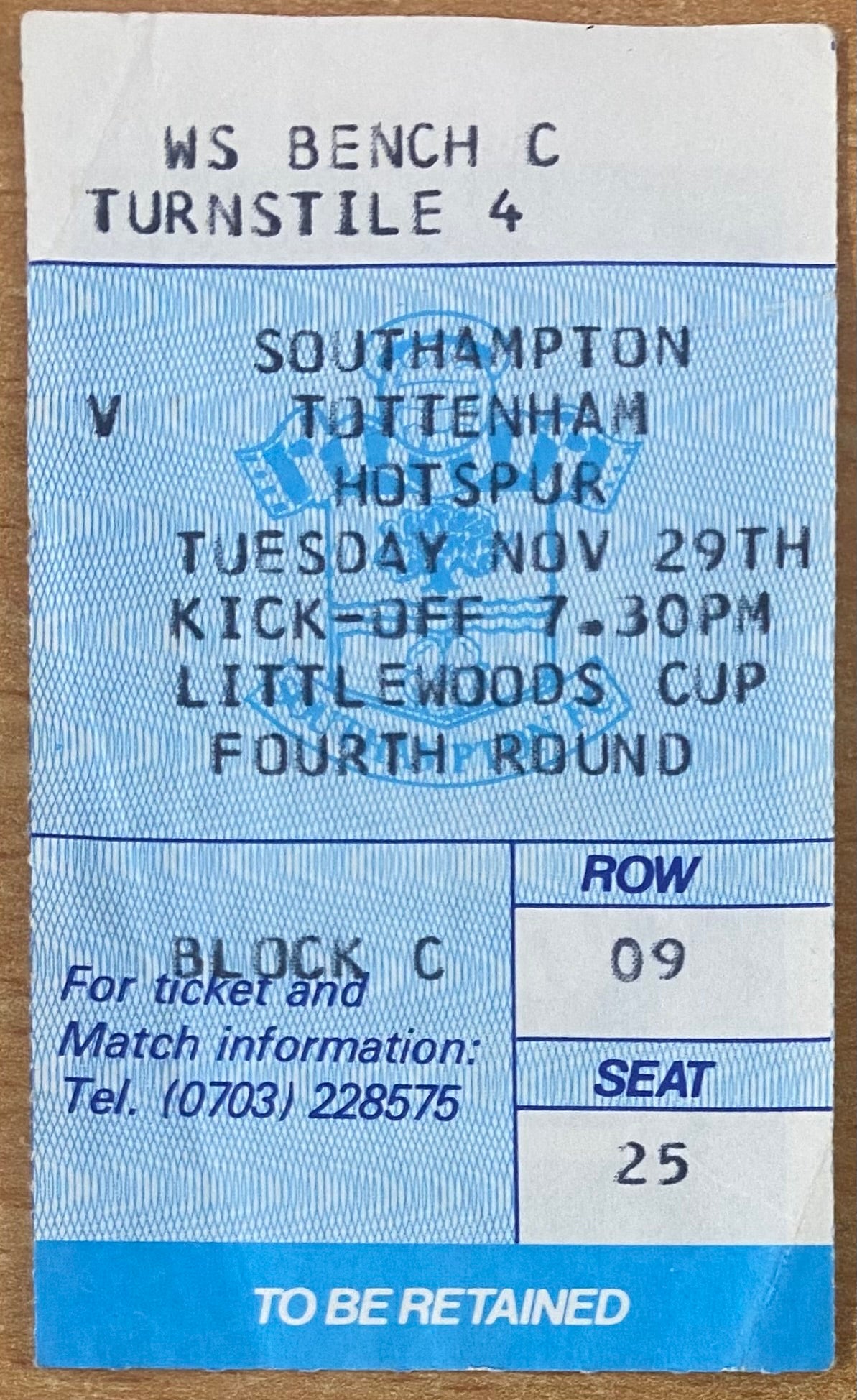 1988/89 ORIGINAL LITTLEWOODS CUP 4TH ROUND TICKET SOUTHAMPTON V TOTTENHAM HOTSPUR