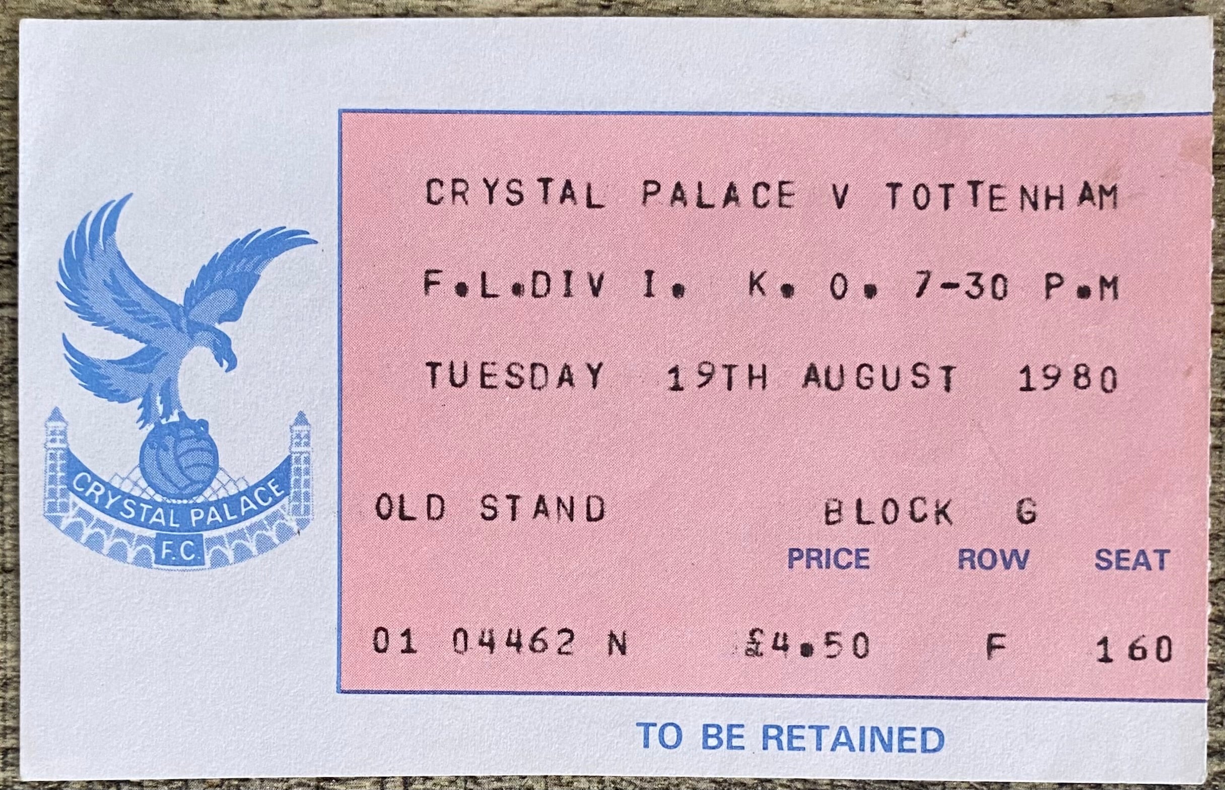 1980/81 ORIGINAL DIVISION ONE TICKET CRYSTAL PALACE V TOTTENHAM HOTSPUR
