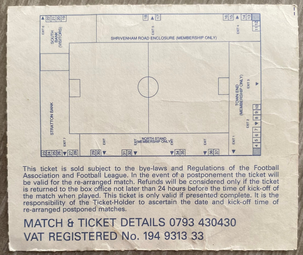 1992/93 ORIGINAL DIVISION 1 TICKET SWINDON TOWN V CHARLTON ATHLETIC