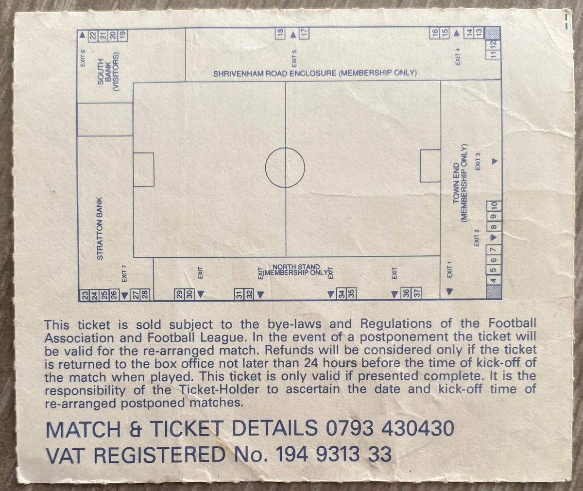 1992/93 ORIGINAL DIVISION 1 TICKET SWINDON TOWN V CHARLTON ATHLETIC