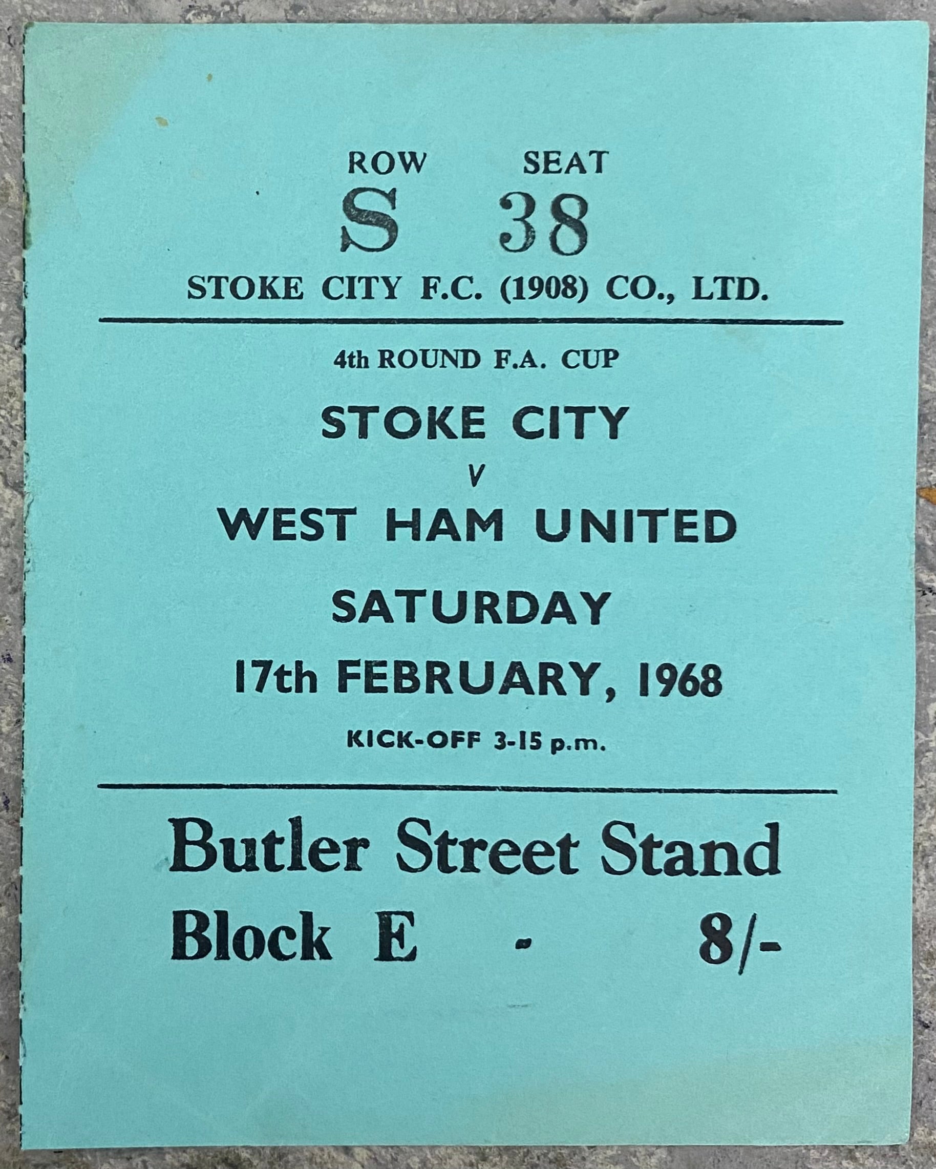 1967/68 ORIGINAL FA CUP 4TH ROUND TICKET STOKE CITY V WEST HAM UNITED