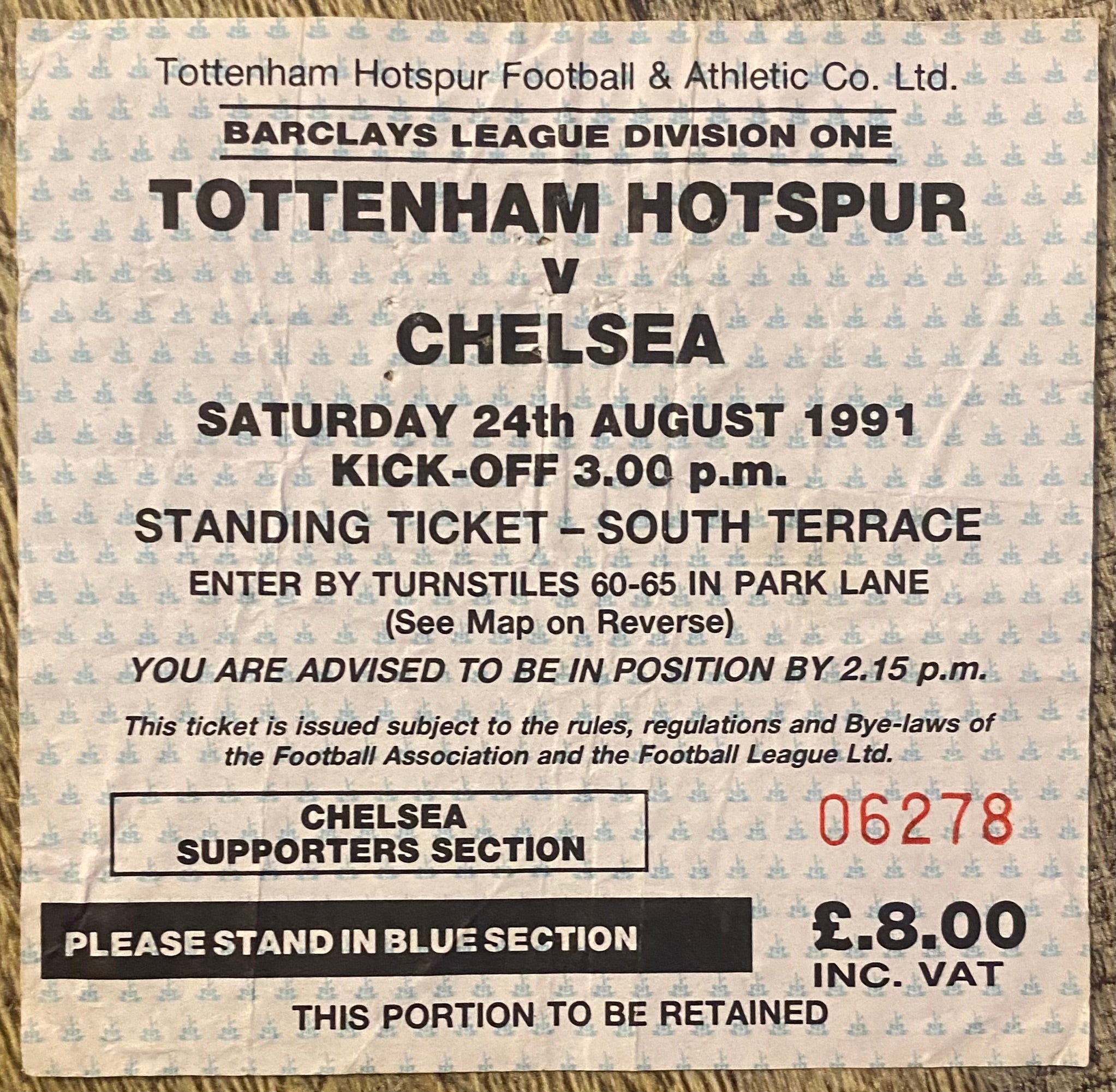 1991/92 ORIGINAL DIVISION 1 TICKET TOTTENHAM HOTSPUR V CHELSEA
