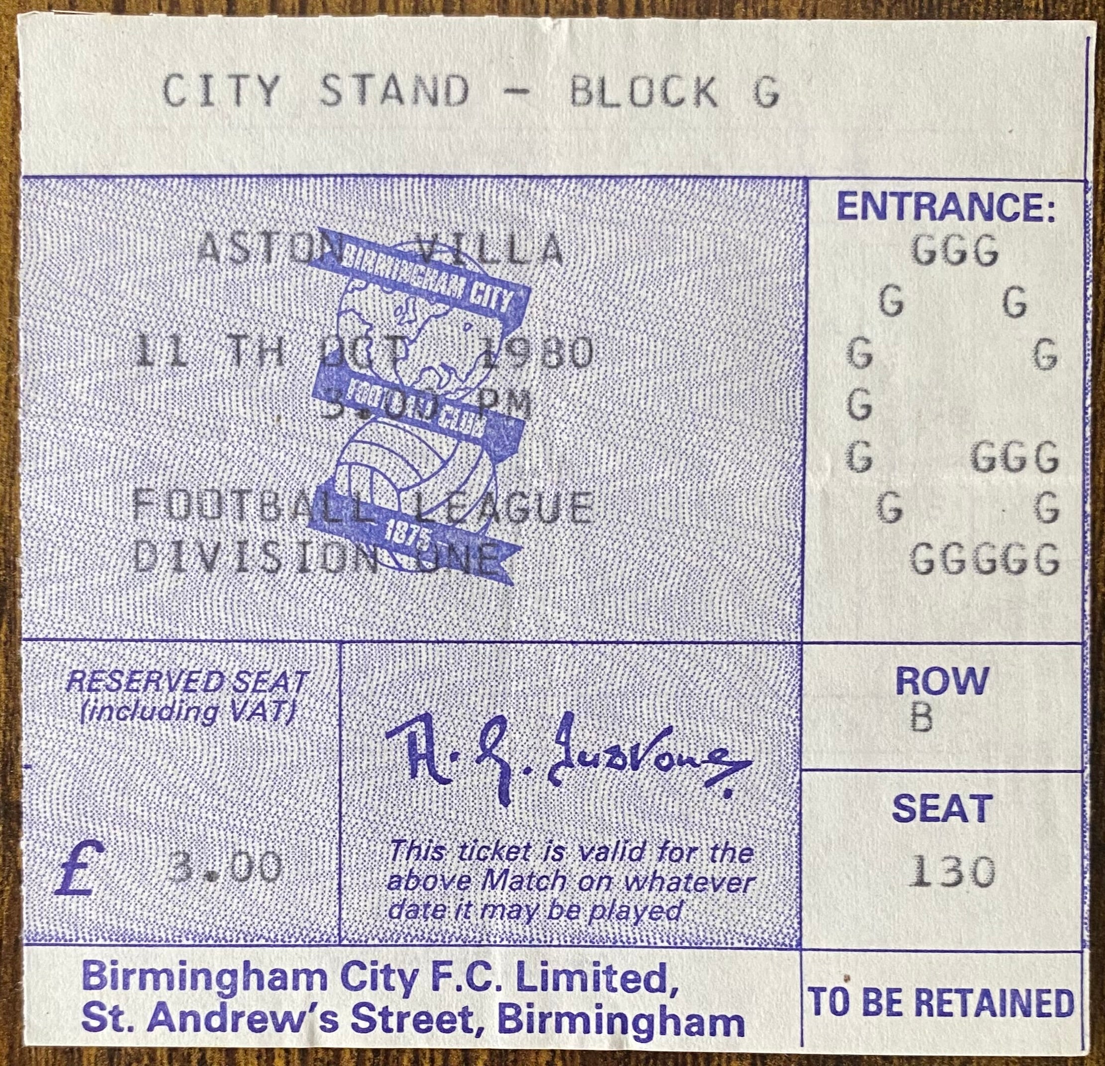 1980/81 ORIGINAL DIVISION 1 TICKET BIRMINGHAM CITY V ASTON VILLA