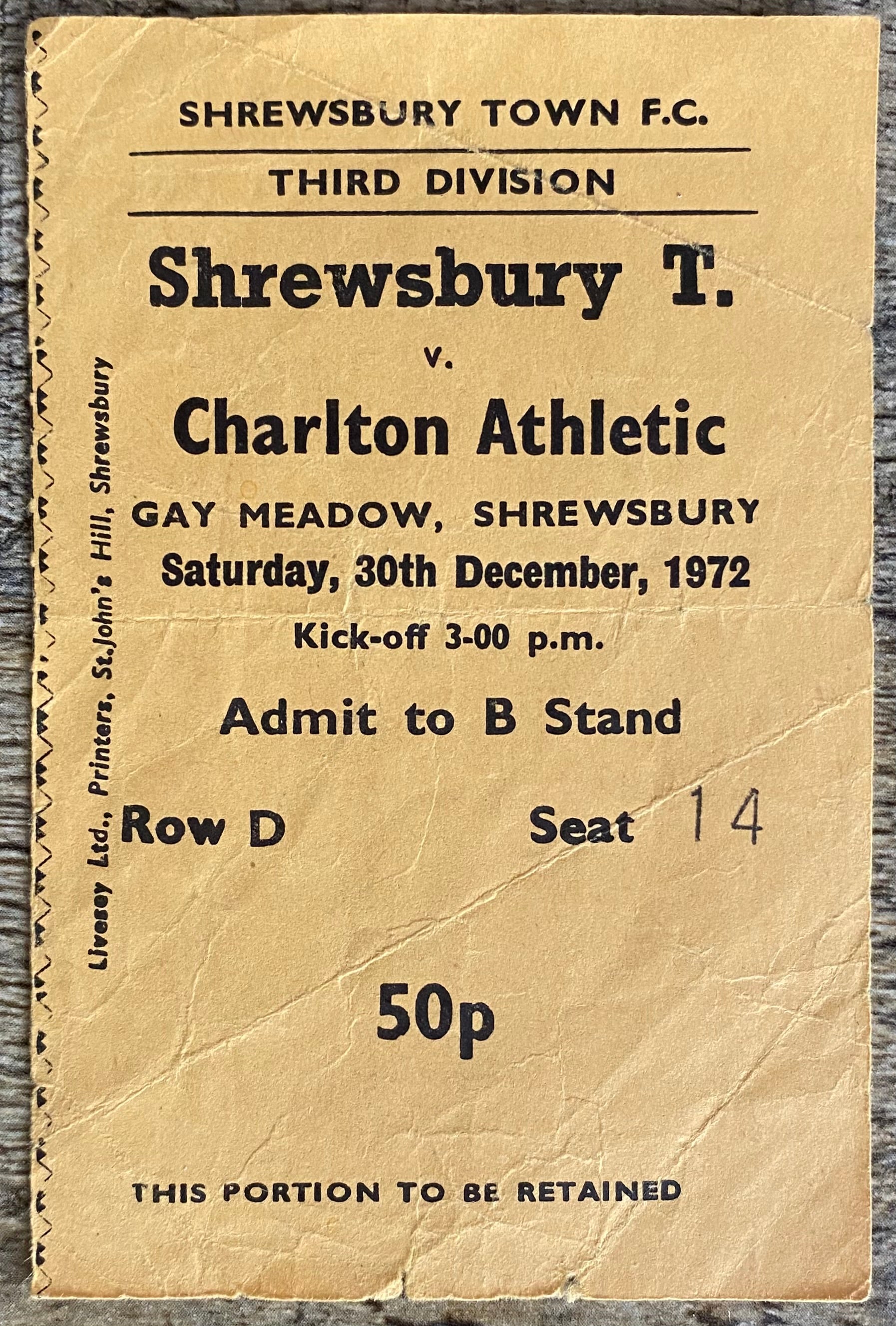 1972/73 ORIGINAL DIVISION 3 TICKET SHREWSBURY TOWN V CHARLTON ATHLETIC