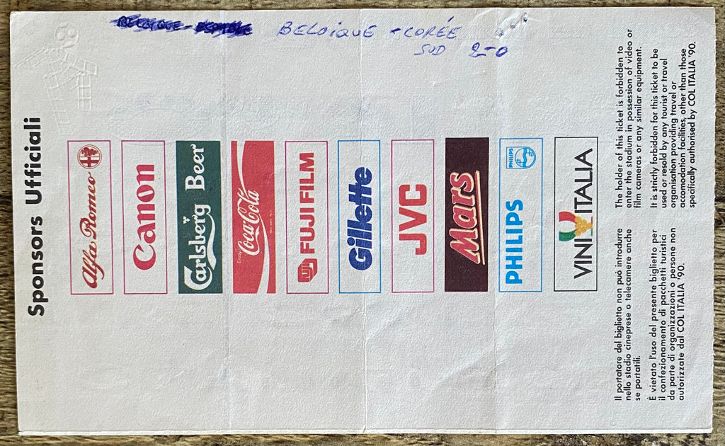 1990 ORIGINAL WORLD CUP 1ST ROUND TICKET BELGIUM V SPAIN @ VERONA