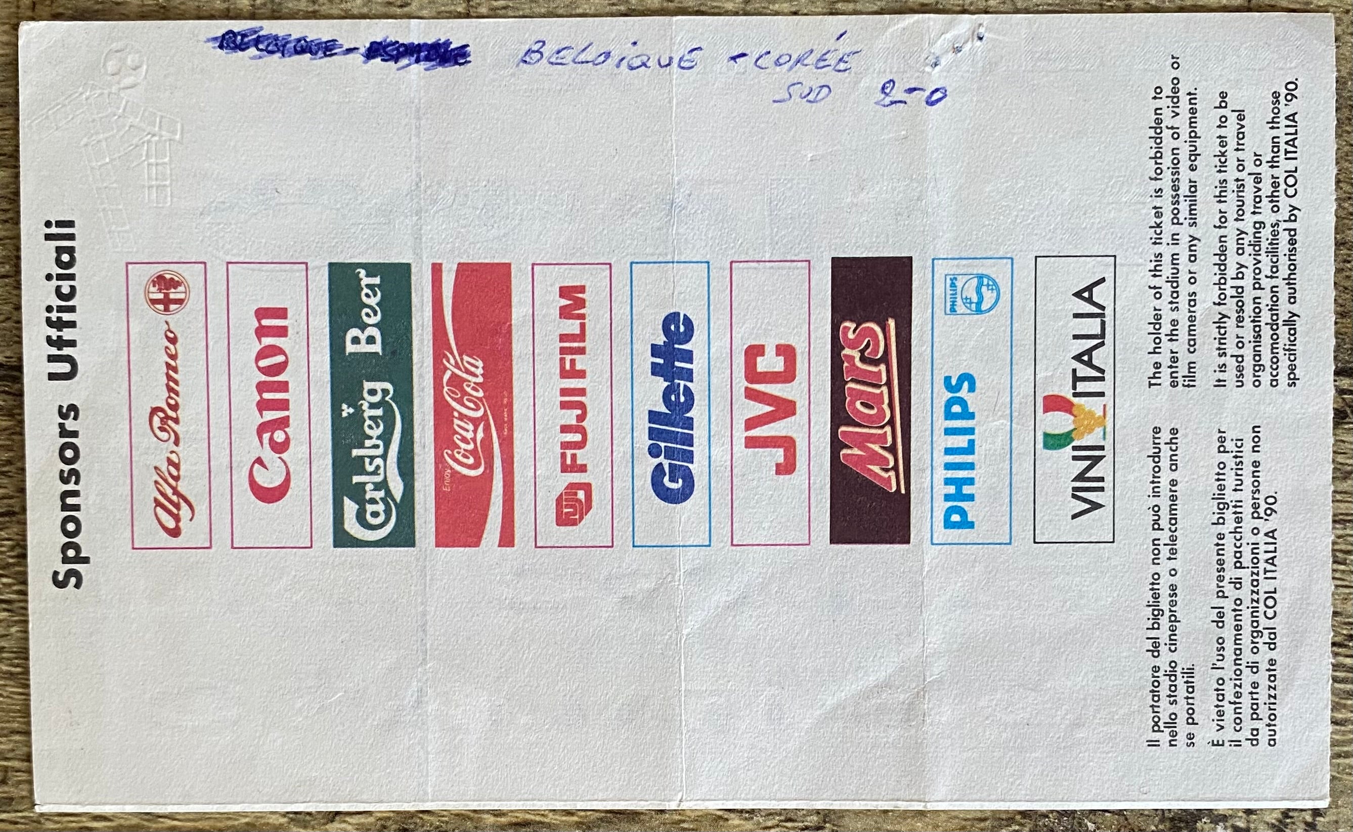 1990 ORIGINAL WORLD CUP 1ST ROUND TICKET BELGIUM V SPAIN @ VERONA