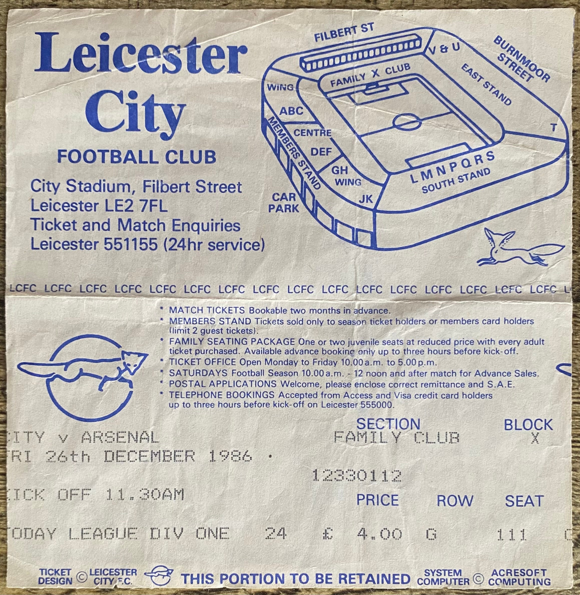 1986/87 ORIGINAL DIVISION 1 TICKET LEICESTER CITY V ARSENAL