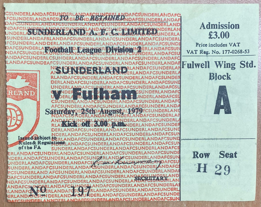 1979/80 ORIGINAL DIVISION 2 TICKET SUNDERLAND V FULHAM