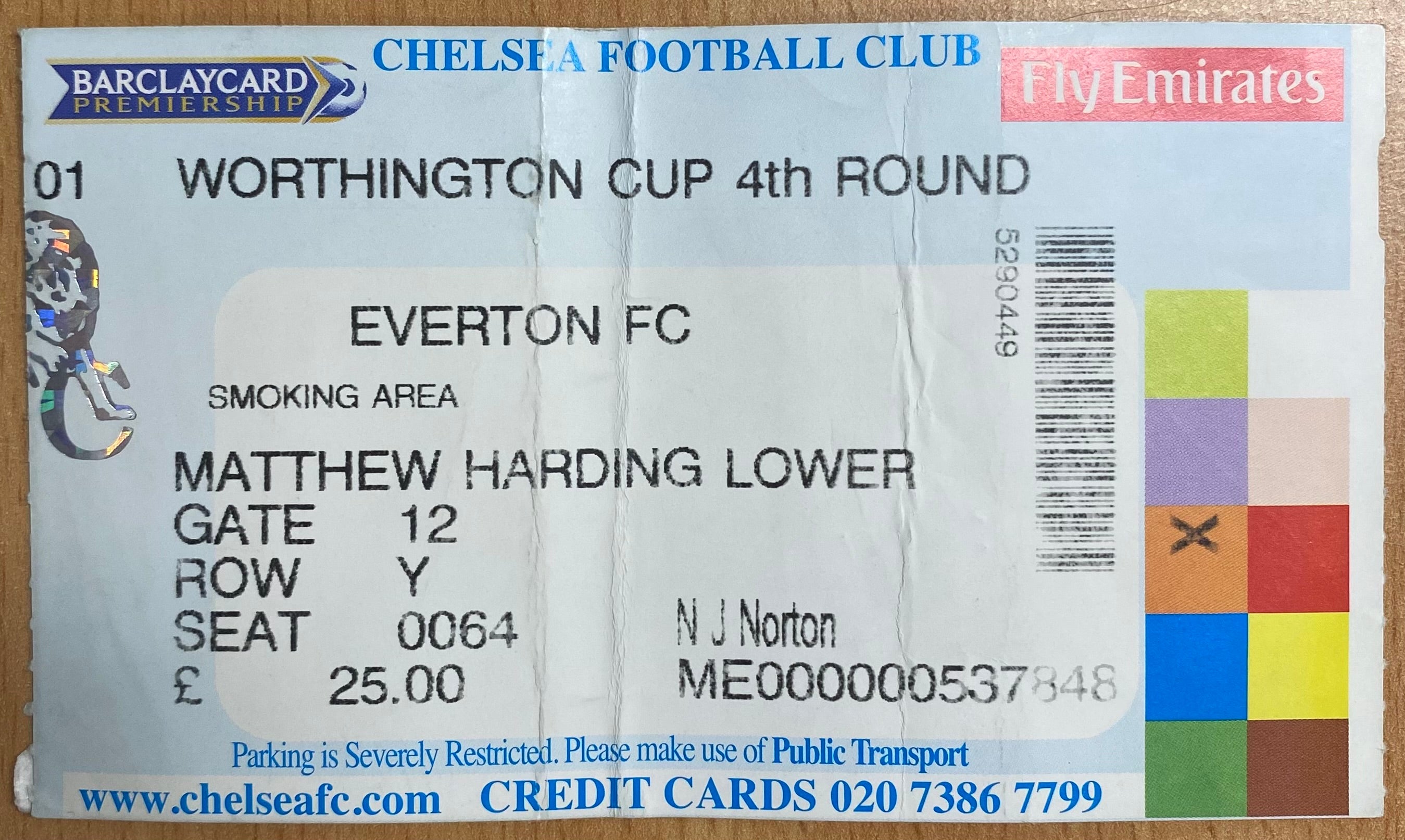 2002/03 ORIGINAL WORTHINGTON  CUP 4TH ROUND TICKET CHELSEA V EVERTON