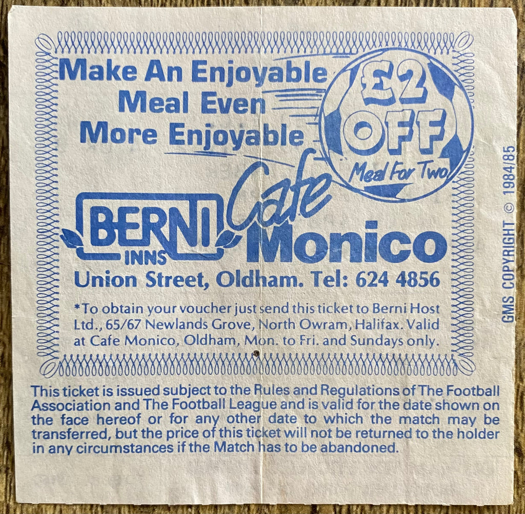 1986/87 ORIGINAL DIVISION 2 TICKET OLDHAM ATHLETIC V LEEDS UNITED